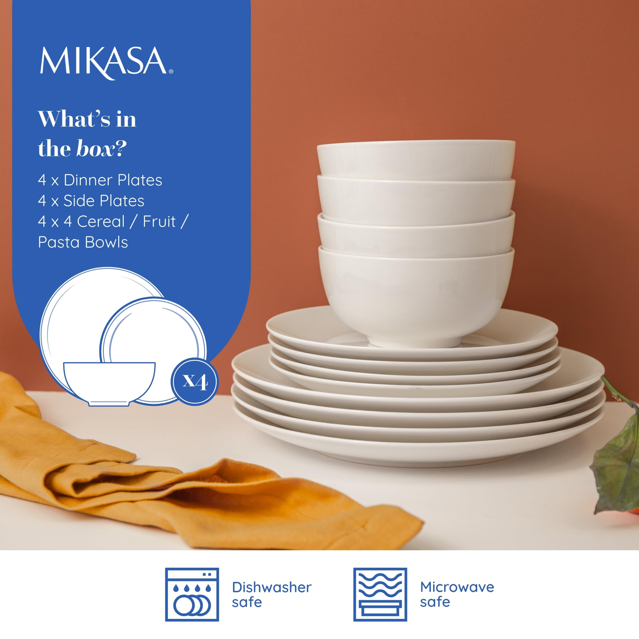 Mikasa MKCHALK12PC kreda 12-częściowy porcelanowy zestaw obiadowy, biały