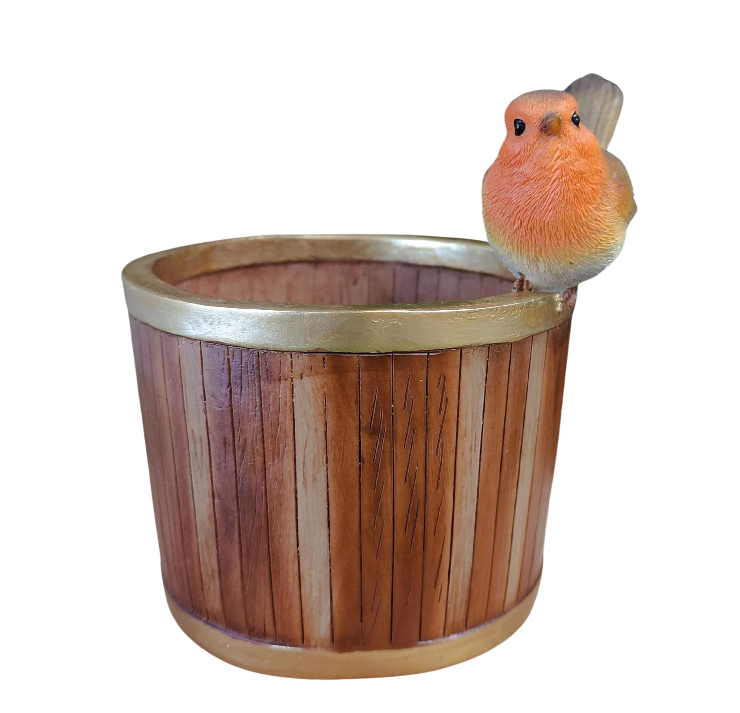 Robin Bird on Cylinder Planter - Lifelike Garden Ornament - Resin Vivid Arts