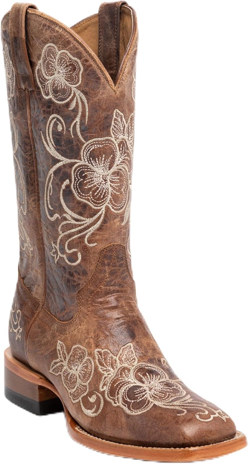 STALOV Cowboy Boots for Women Embroidered Mid Calf Chunky Pull-On Fashion Cowgirl Boot