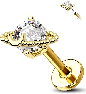 14K Solid Gold Cartilage Earring Stud 16g Planet Yellow Gold Flat Back Helix Stud 14K Gold Push in Tragus Earring Stud Threadless Labret Stud Medusa Jewelry