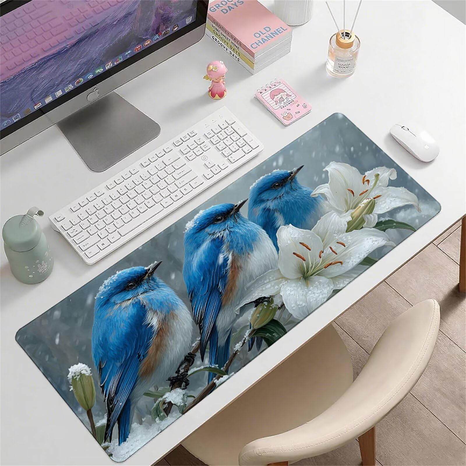 Niebieska podkładka pod mysz XXL 1500 x 800 x 3 mm ptak pod ręką akcesoria biurowe antypoślizgowa gumowa podstawa i szyte krawędzie podkładka pod mysz dla graczy do dekoracji biura dekoracyjnego