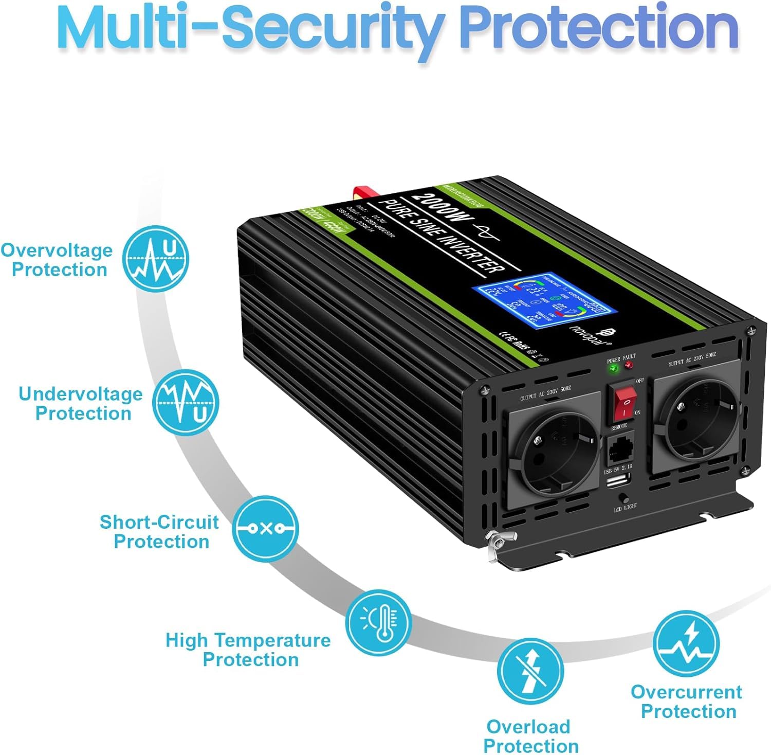 NOVOPAL 2000W Inversor 24V 220V Onda Pura Convertidor | 5M Mando a Distancia& LCD Display,2.4A USB para RV, Viajes, Camping