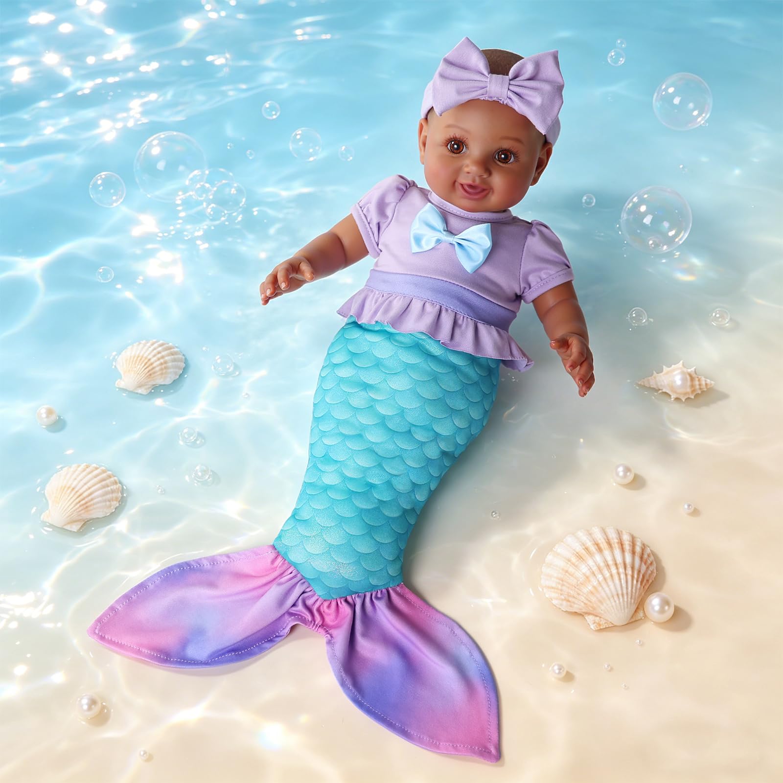 BABESIDE Baby Dolls for Girls: 15 Inch Realistic Mermaid Black Baby Doll with Tail & Accessories, Realistic African Doll with Cloth Body, Reborn Baby Dolls Baby Toys for 3+ Year Old Girls