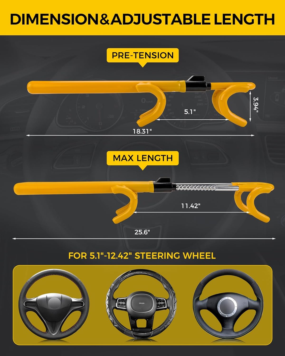 SEALIGHT Steering Wheel Lock Anti-Theft Car Device, Adjustable Steering Wheel Lock for Cars, Double Hooks & Heavy Duty Car Security Lock for Cars Trucks Vans SUV(with 2 Keys)