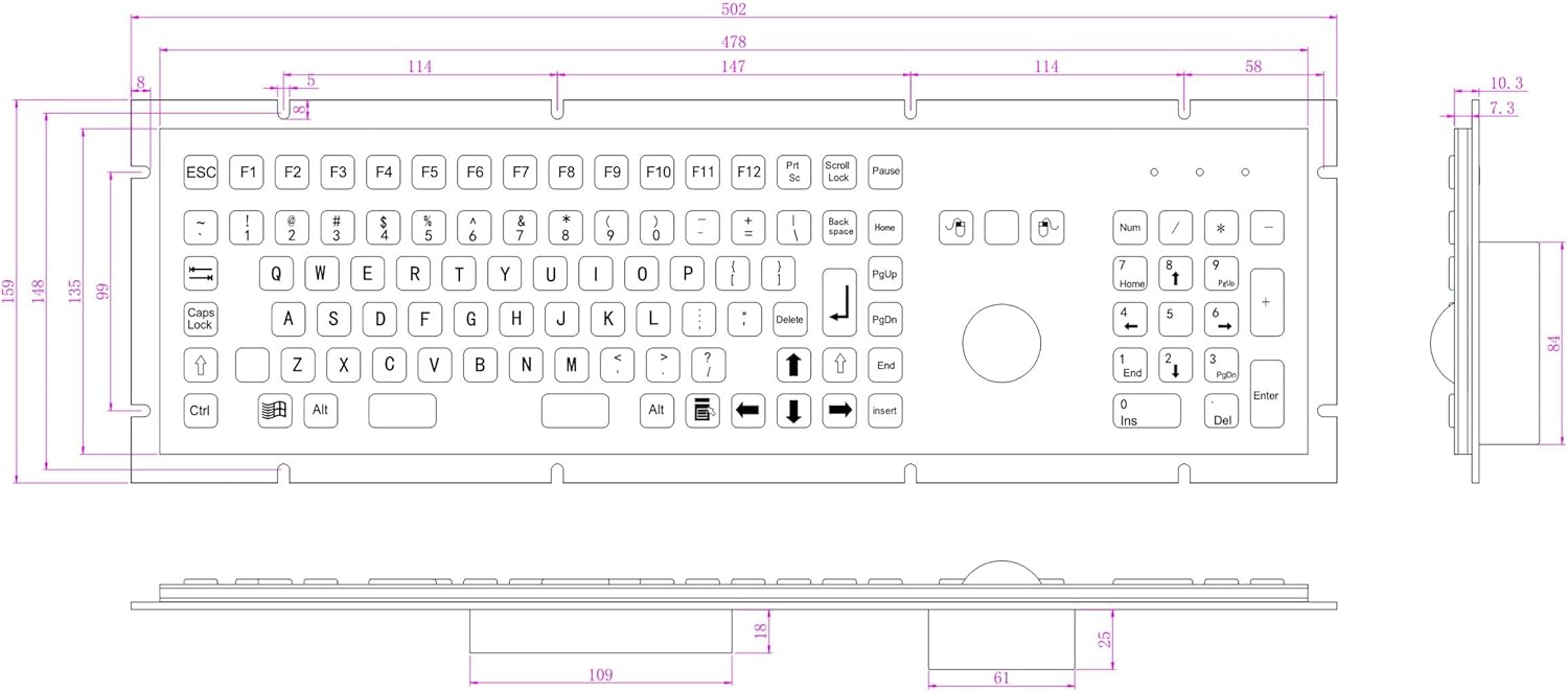 Full Size 106 Keys Industrial Metal Stainless Steel Keyboard with Trackball Mouse FN Function and Numeric Keypad(USB Interface)