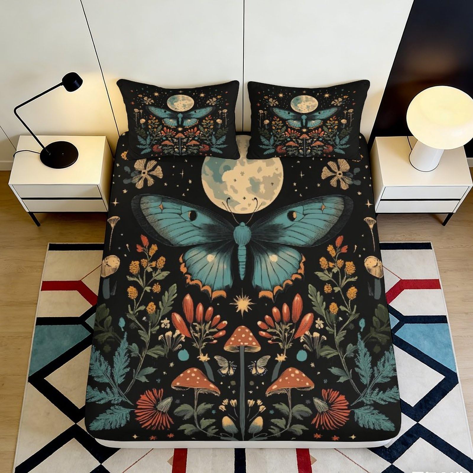 3D Printed Moon Butterfly Fitted Sheet Microfiber Artistic Forest Mushroom Mattress Cover for Bedroom Dorm Decor 90x200x25cm
