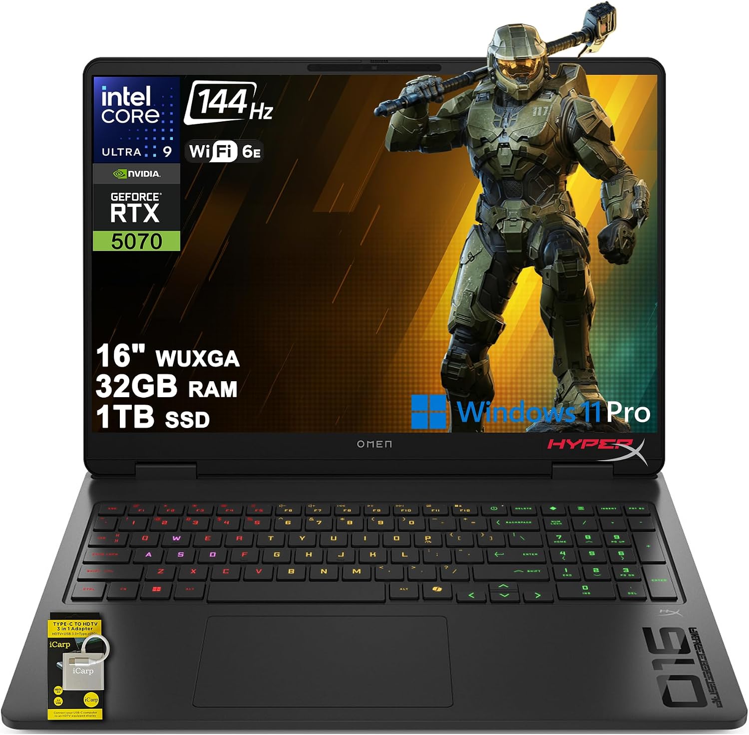 Omen 16 Slim Gaming AI Laptop 16" WUXGA IPS 144Hz Intel 16-core Ultra 9 285H 32GB RAM 1TB SSD GeForce RTX 5070 GDDR7 (Up to 988 Tops) 4-Zone RGB Backlit Wi-Fi6E HyperX Win11Pro ICP Acc