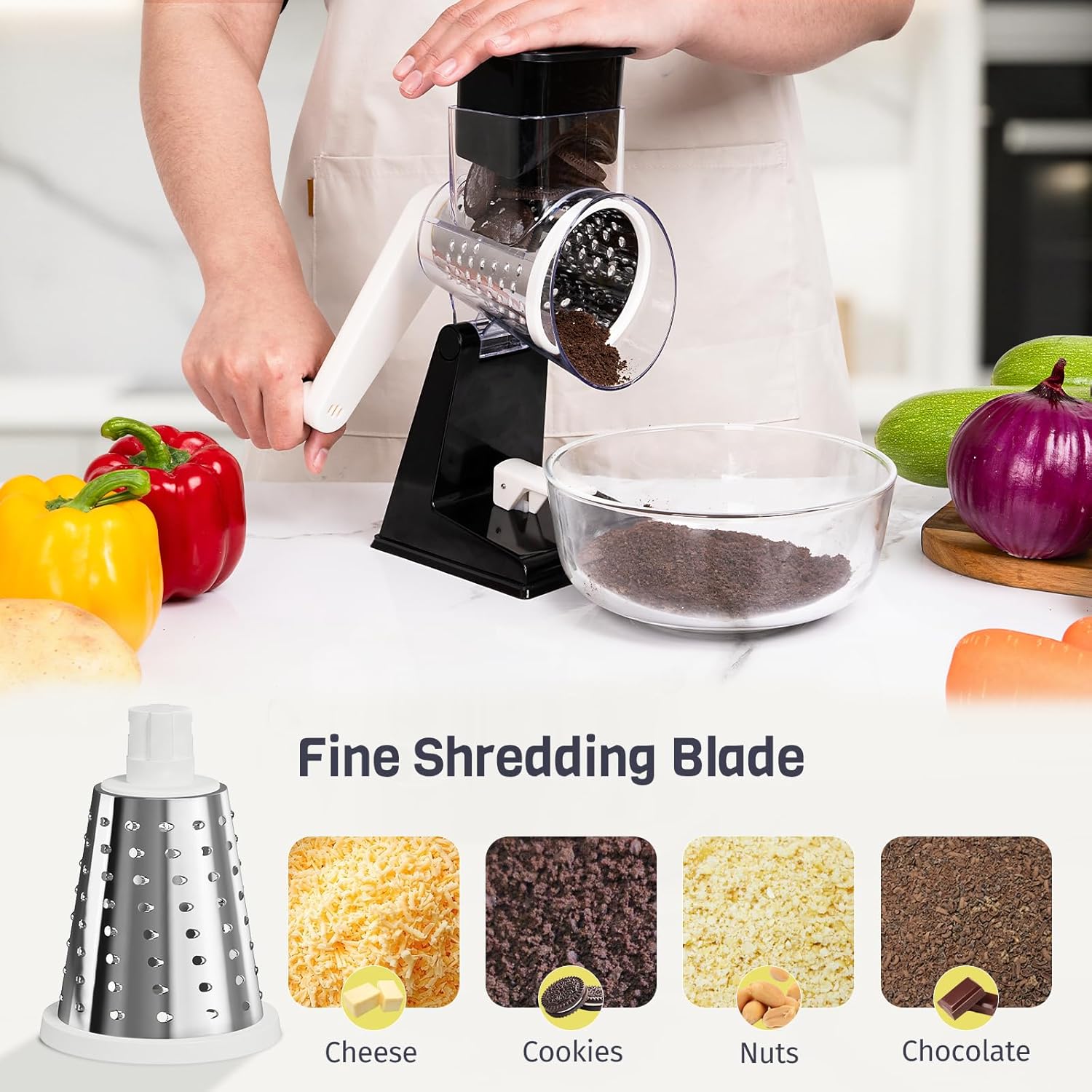 Upgraded Rotary Cheese Grater with 3 Interchangeable Stainless Steel Drums, One-Press Powerful Suction Manual Vegetable Shredder & Slicer for Kitchen, 15pcs Storage Bags Included, Black