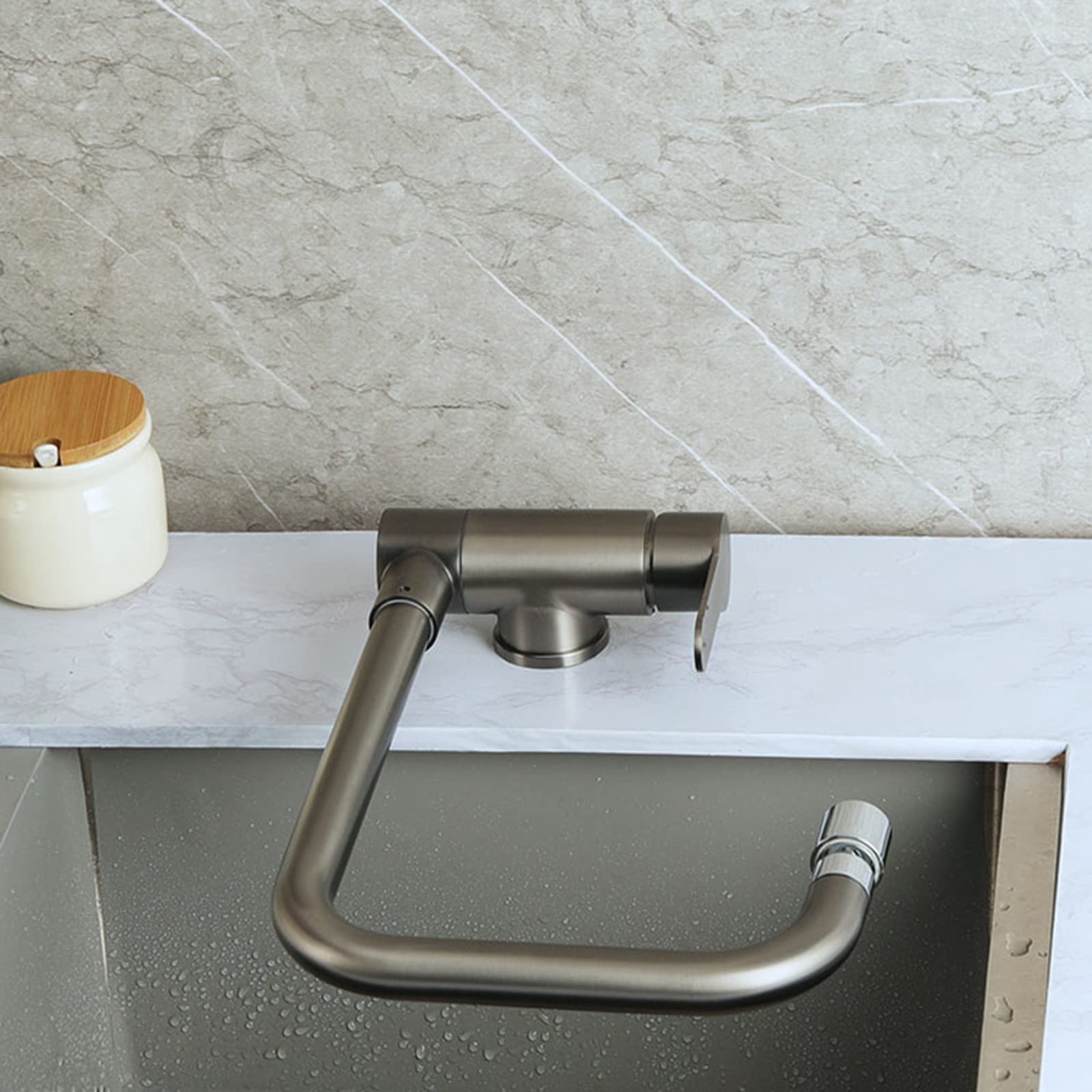 MXXQRHF Kitchen Mixer Tap Folding Inside Window, Kitchen Sink Taps Grey Kitchen Faucet Stainless Steel Hot and Cold Water Swivel Kitchen Sink Tap-B