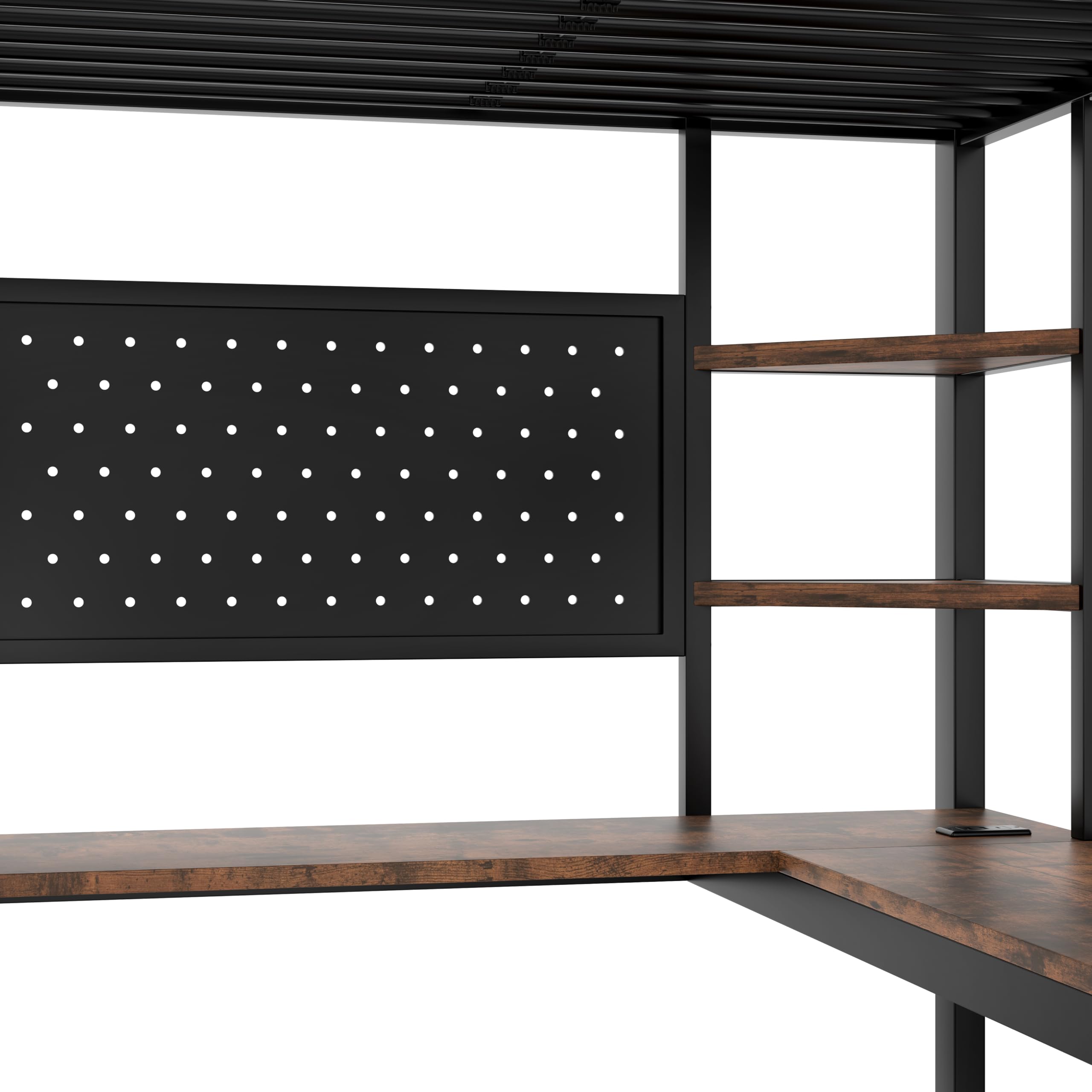 Moimhear Cama alta, marco de hierro, escritorio, barandilla, escalera de tijera, varios estantes, con USB+Type-c, con barra LED, con tabla perforada, sin colchón (negro, 90 x 200 cm)