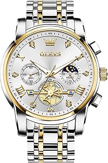 Men's Stainless Steel Chronograph Watch, Large Face Easy to Read Roman Numerals Diamond Accented Analog Dress Watches for Men, Elegant Waterproof Luminous Male Quartz Wristwatch