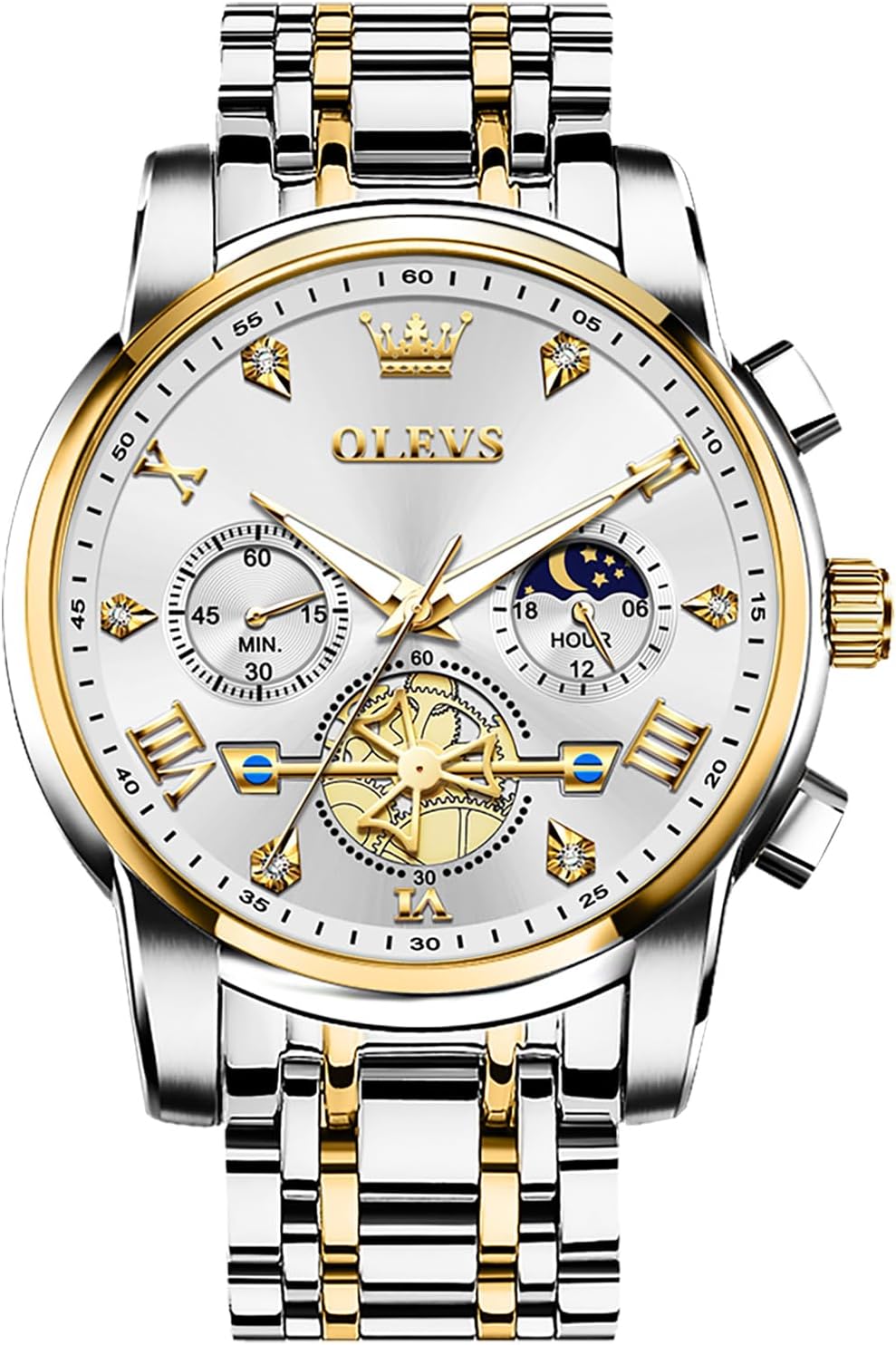 Men's Stainless Steel Chronograph Watch, Large Face Easy to Read Roman Numerals Diamond Accented Analog Dress Watches for Men, Elegant Waterproof Luminous Male Quartz Wristwatch