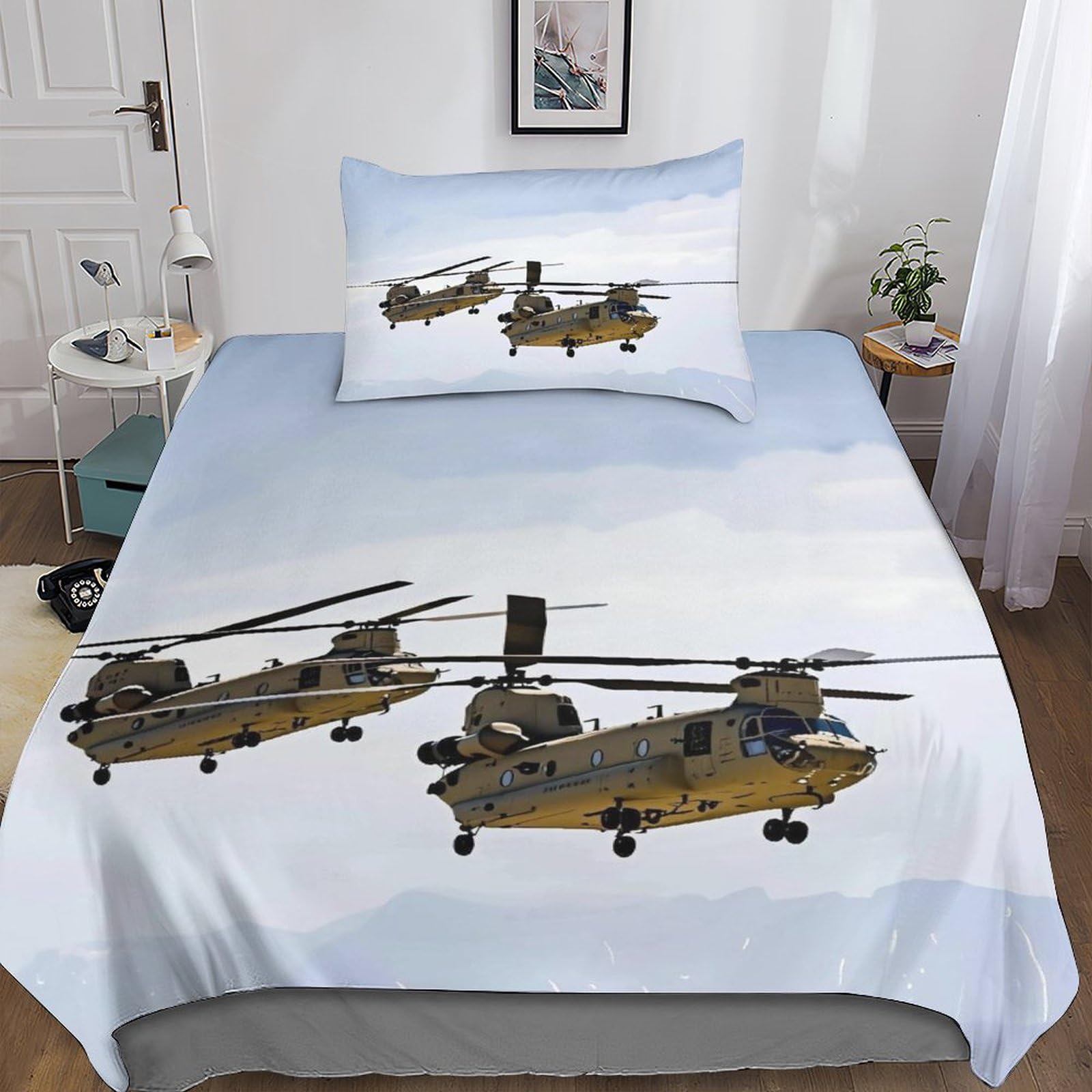 DAFUfbw Lovingly Chinook Duvet Cover With Hidden Zipper, Single（135x200cm） Military Helicopter Quilt Cover with Pillowcases, Soft Microfiber Comforter Cover for Boys Girls