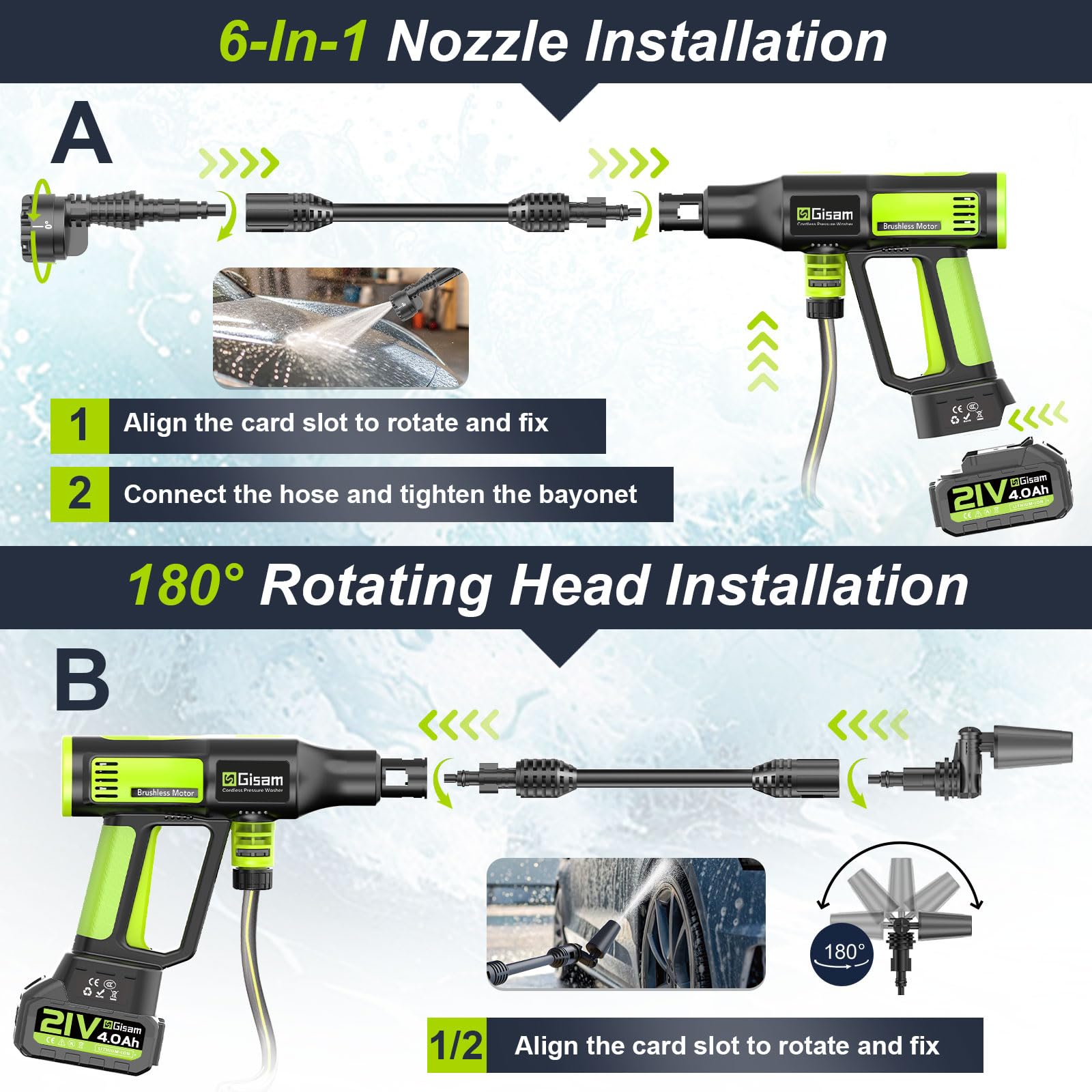 Akku Hochdruckreiniger, highsam Pressure Washer 4-Gang-Modus Max 120Bar, Druckreiniger Mobiler mit 2x4.0Ah Batterien, 6-in-1und 180° Drehbare Düse, Schaumsprüher, 5M Schlauch | Reinigung Bewässerung