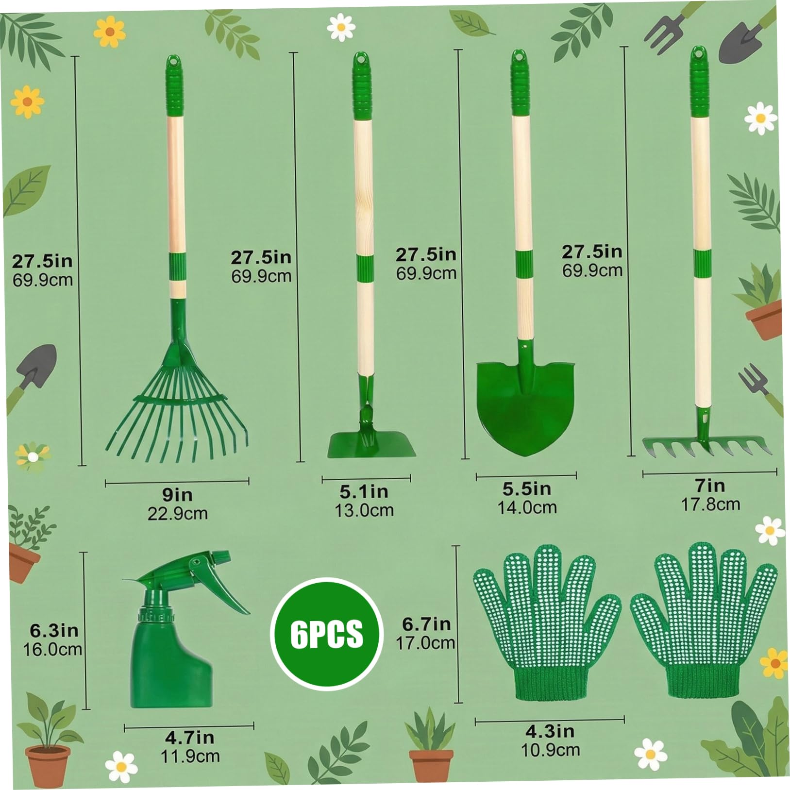 Set da 6 Attrezzi da Giardinaggio per Bambini, per Ragazzi e Ragazze dai 3 Anni in su, Verde, con Pala rastrello Manico in Legno Teste Metallo, Set di Giocattoli da Giardino per Esterni