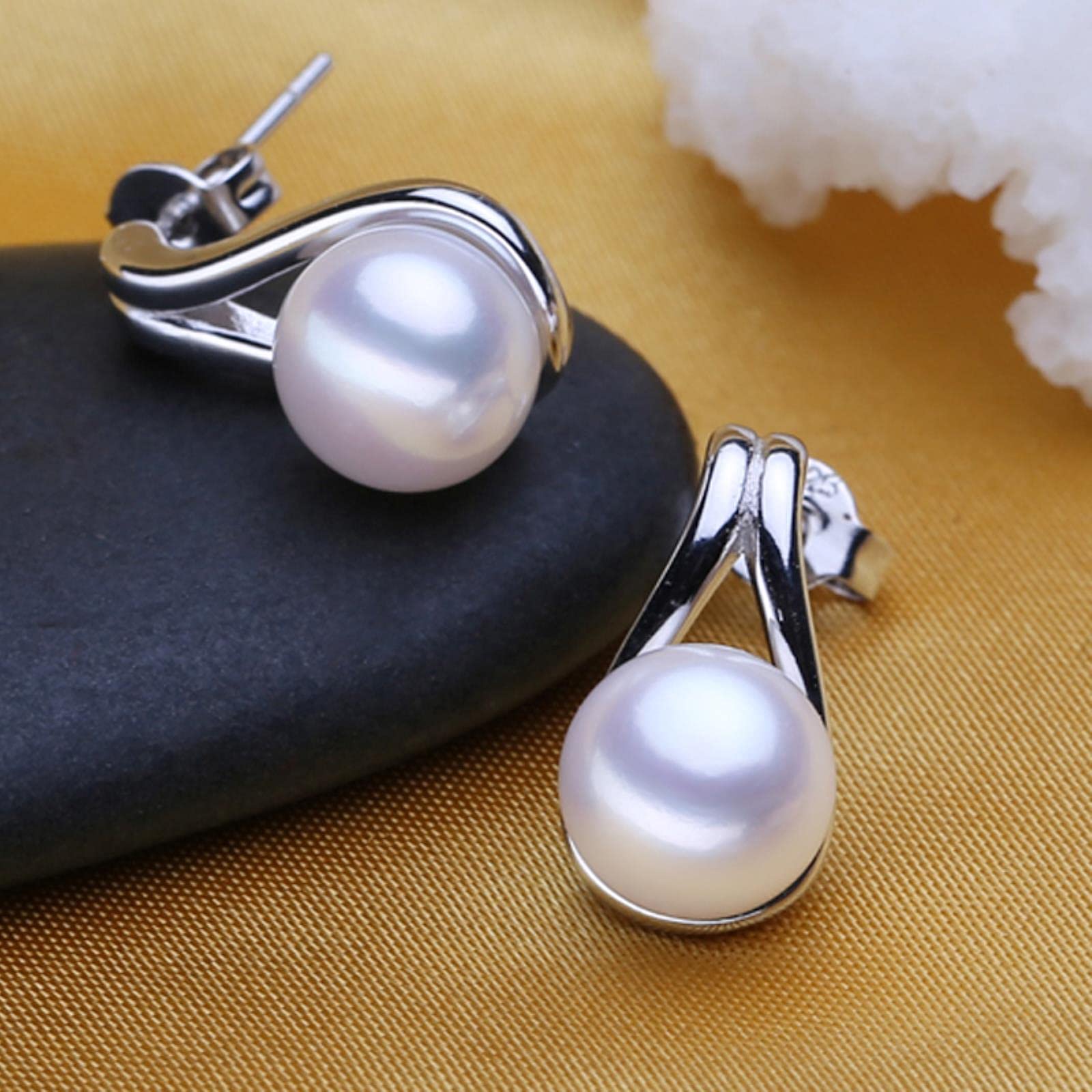 LOKILOKI Set di Gioielli in Argento Sterling 925 Collane di Perle Naturali per Le Donne Orecchini con Ciondolo Ciondolo alla Moda Anello Nuziale