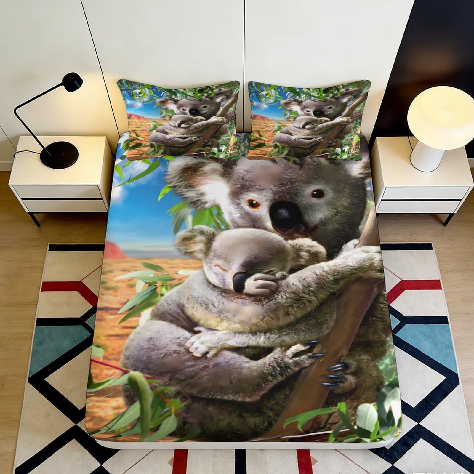 3D Printed Koala Bear Fitted Sheet Microfiber Soft Breathable Australian Wildlife Bed Cover for Bedroom Dormitory Guest Room Mattress Protection 180x200x25cm