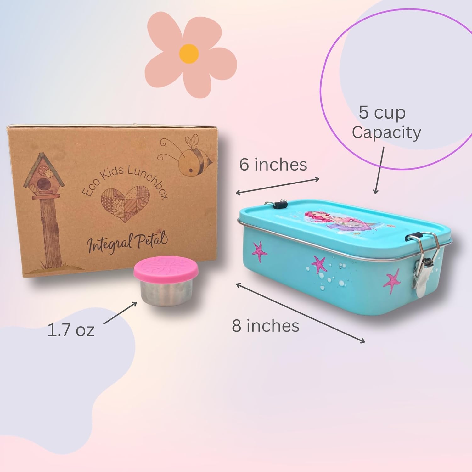 Integral Petal Stainless Steel Lunch Box for Kids with Dip Container, Bento Box Kids, 3-Compartment Metal Lunch Container, Toddler Lunch Box Stainless Steel