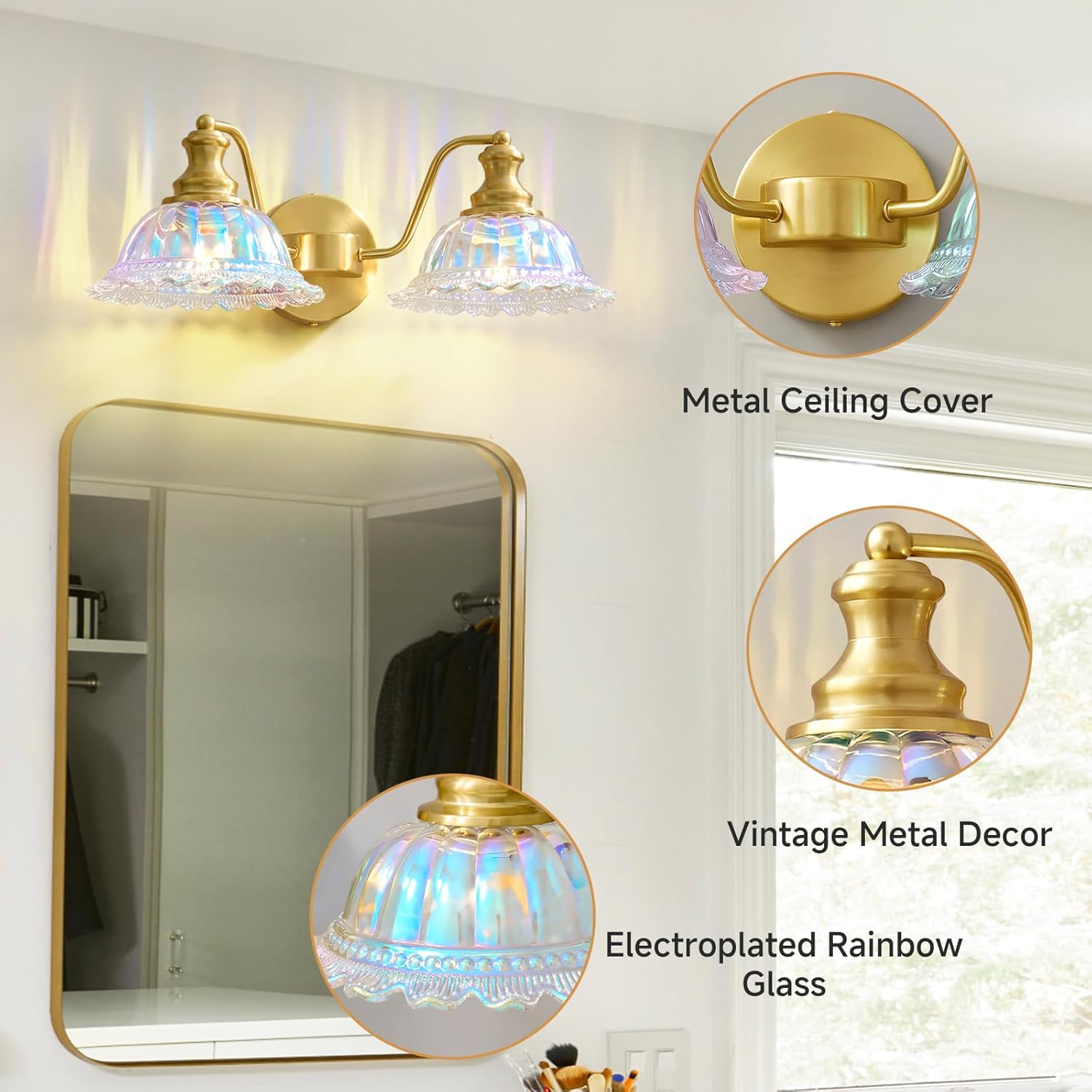 Vintage Bathroom Vanity Light Fixtures - 2 Light Iridescent Glass Art Deco Bathroom Lights Over Mirror,Brushed Gold Restroom Lighting, Mid Century Coastal Vanity Lights for Powder Room Bath Sink