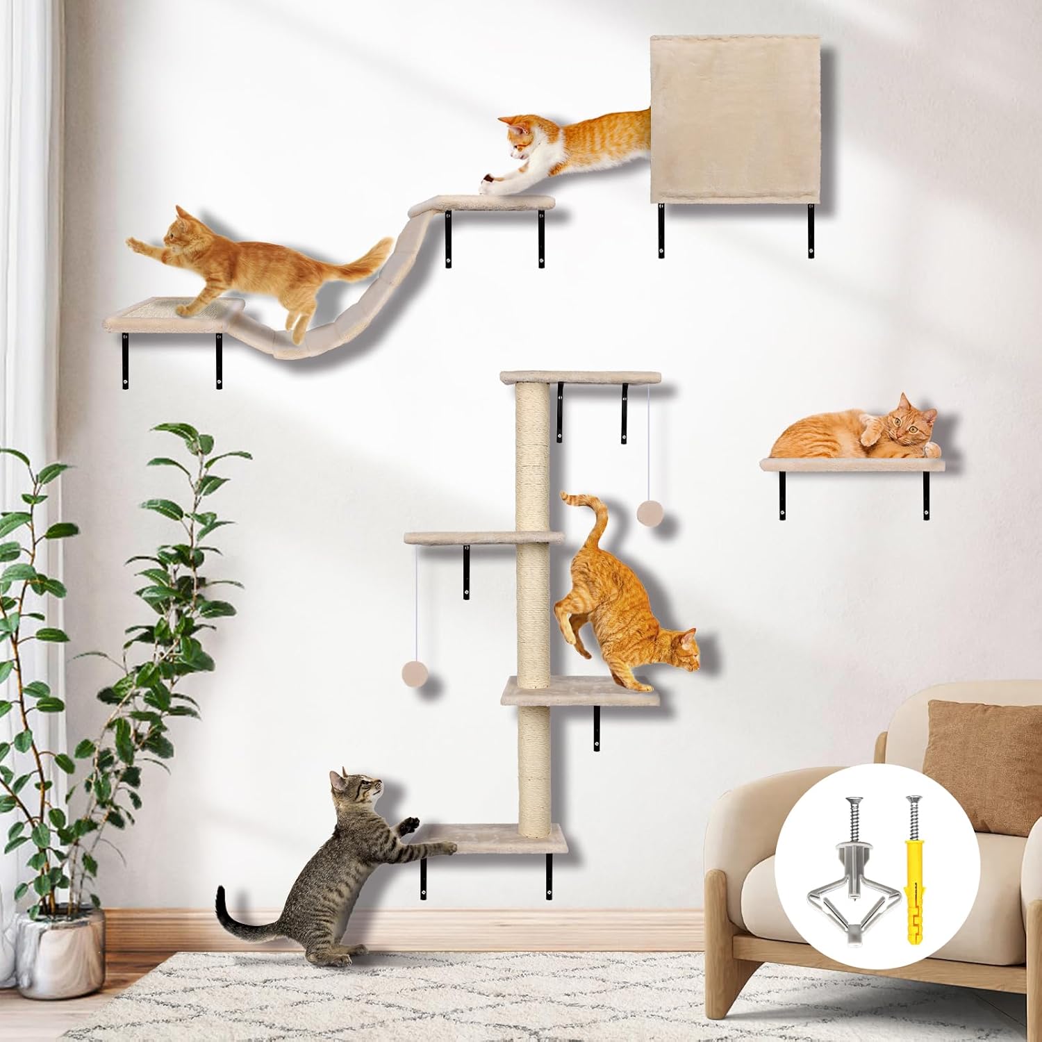 Myiosus Cat Wall Furniture, 10-Piece Wooden Cat Shelves Set, Wall Mounted Cats Climbing Tree with Scratching Posts, Perches, Steps, Condo & Hammock for Indoor Small or Large Cats, Beige
