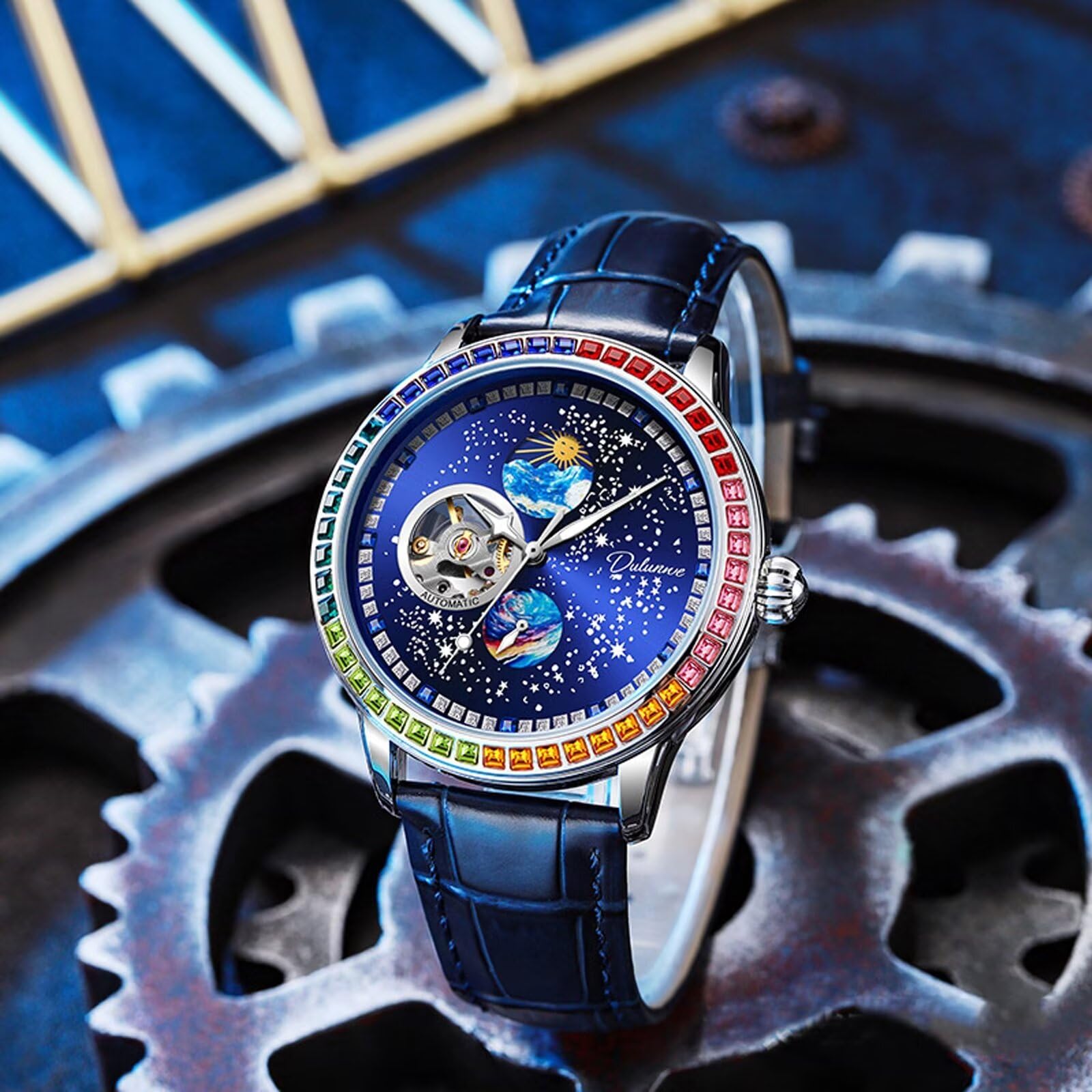 Orologio da uomo alla moda, quadrante con cielo stellato, meccanico a carica manuale, cinturino in pelle, casual, con fasi lunari, tourbillon, orologi automatici