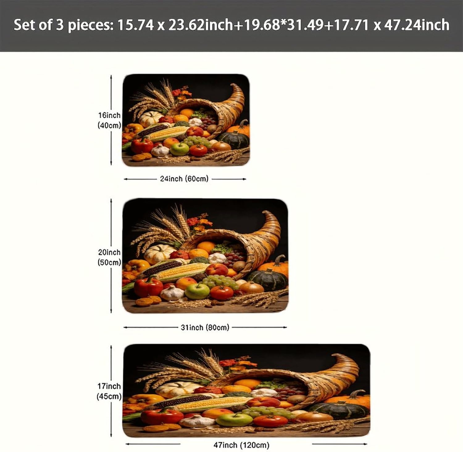 Cornucopia Kitchen Rugs Sets of 3 Non Slip Kitchen Mat for Floor Comfort Standing Rug and Mats Thick Cushioned Long Area Carpets for Laundry Room Entryway