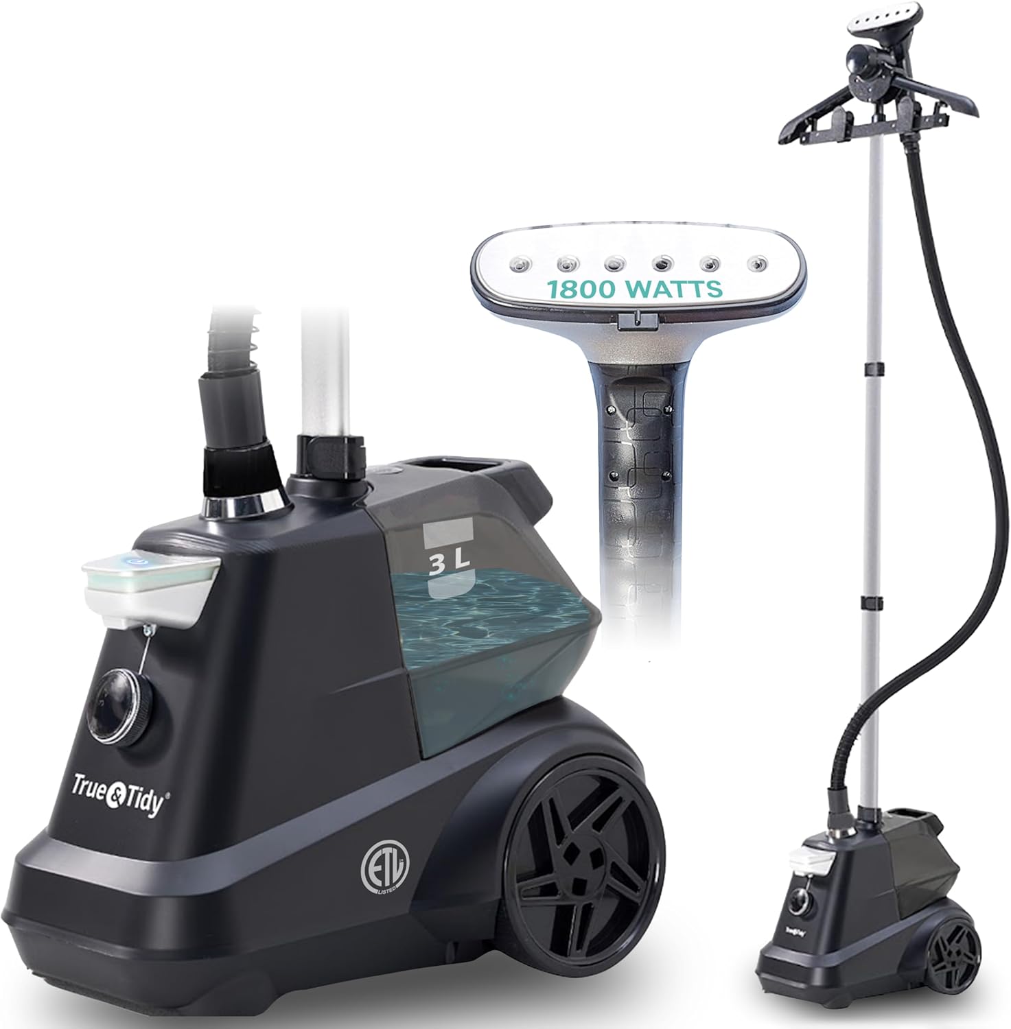 True & Tidy® Heavy-Duty Commercial Industrial Standing Garment Steamer for Clothes, 1800 watts, XL 3L water tank 90+ mins of Steam 3 Steam Settings, Step On/Off Control, Wheels for Easy Movement