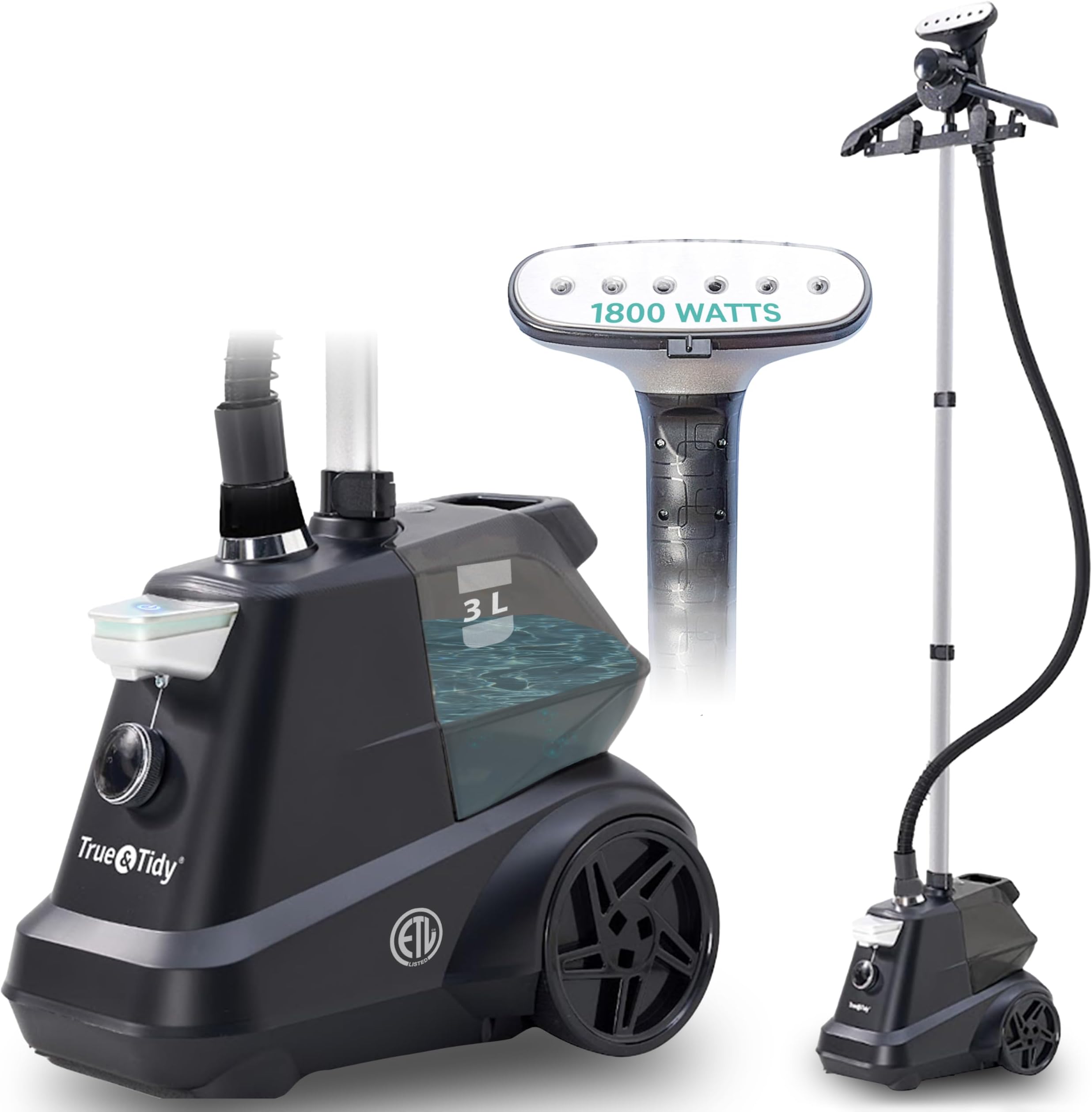 True & Tidy® Heavy-Duty Commercial Industrial Standing Garment Steamer for Clothes, 1800 watts, XL 3L water tank 90+ mins of Steam 3 Steam Settings, Step On/Off Control, Wheels for Easy Movement