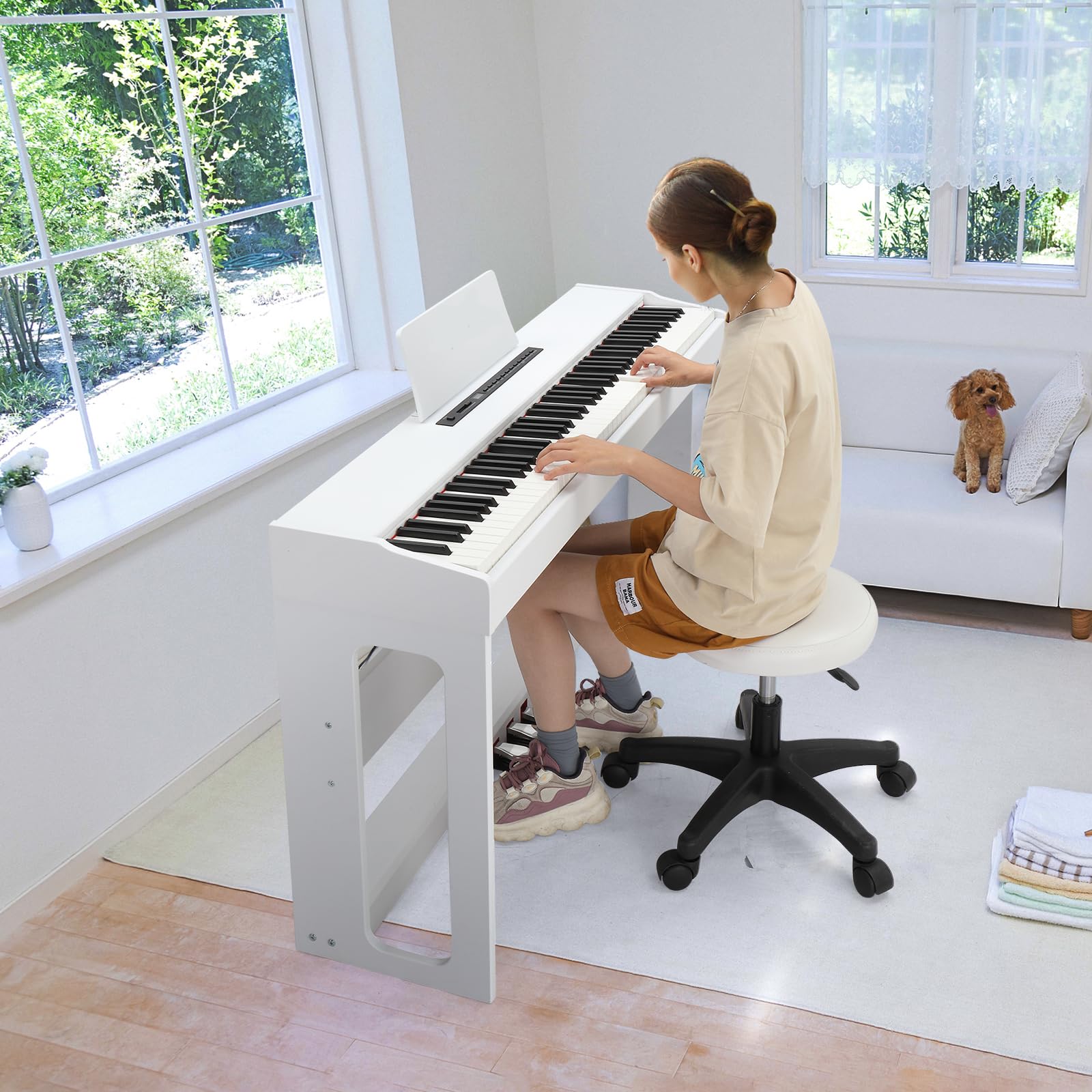 LEADZM Piano Numérique 88 Touches, Clavier Entièrement Lesté, Piano Électrique avec MIDI-USB, Bluetooth et Haut-Parleurs Stéréo, 128 Sonorités et Rythmes, Système à 3 Pédales (Blanc)