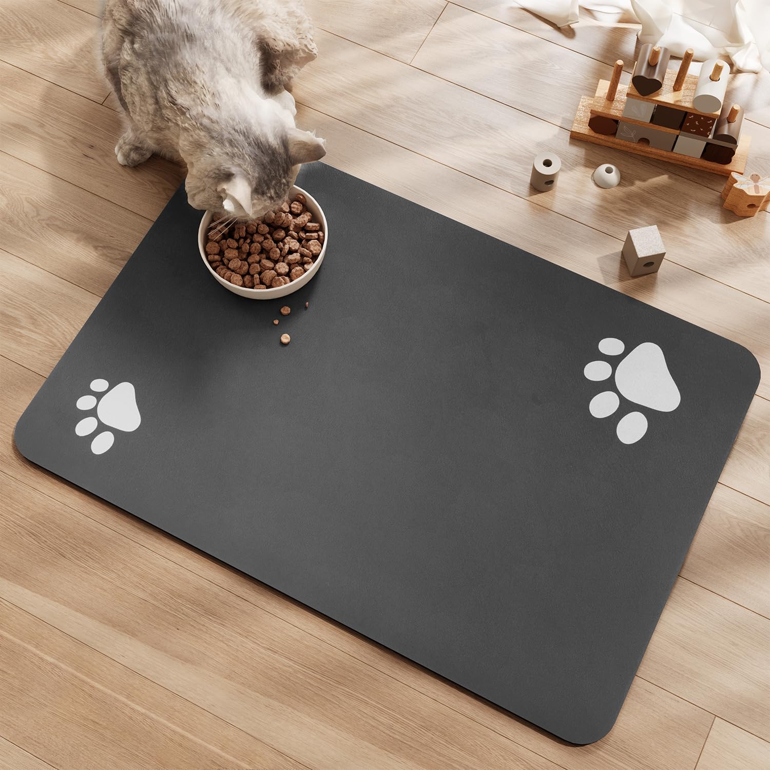 Dog Cat Food Mat Pet Bowl Absorbent No Stains Quick Dry-Innovative Pet Supplies Accessories-Water Dispenser for Messy Drinkers-Dark Grey With Paw Pattern 16"x24"