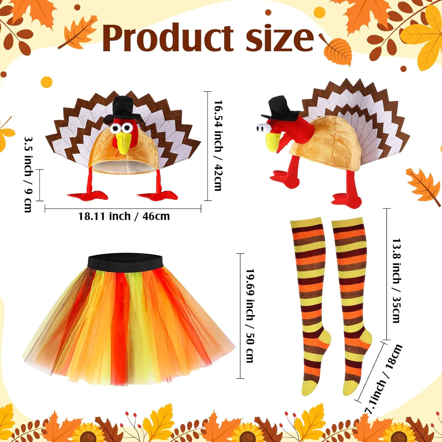HooLing 4 Pcs Thanksgiving Turkey Costumes Set for Women Turkey Face T Shirt Tutu Skirt Knee High Socks Gobbler Hats