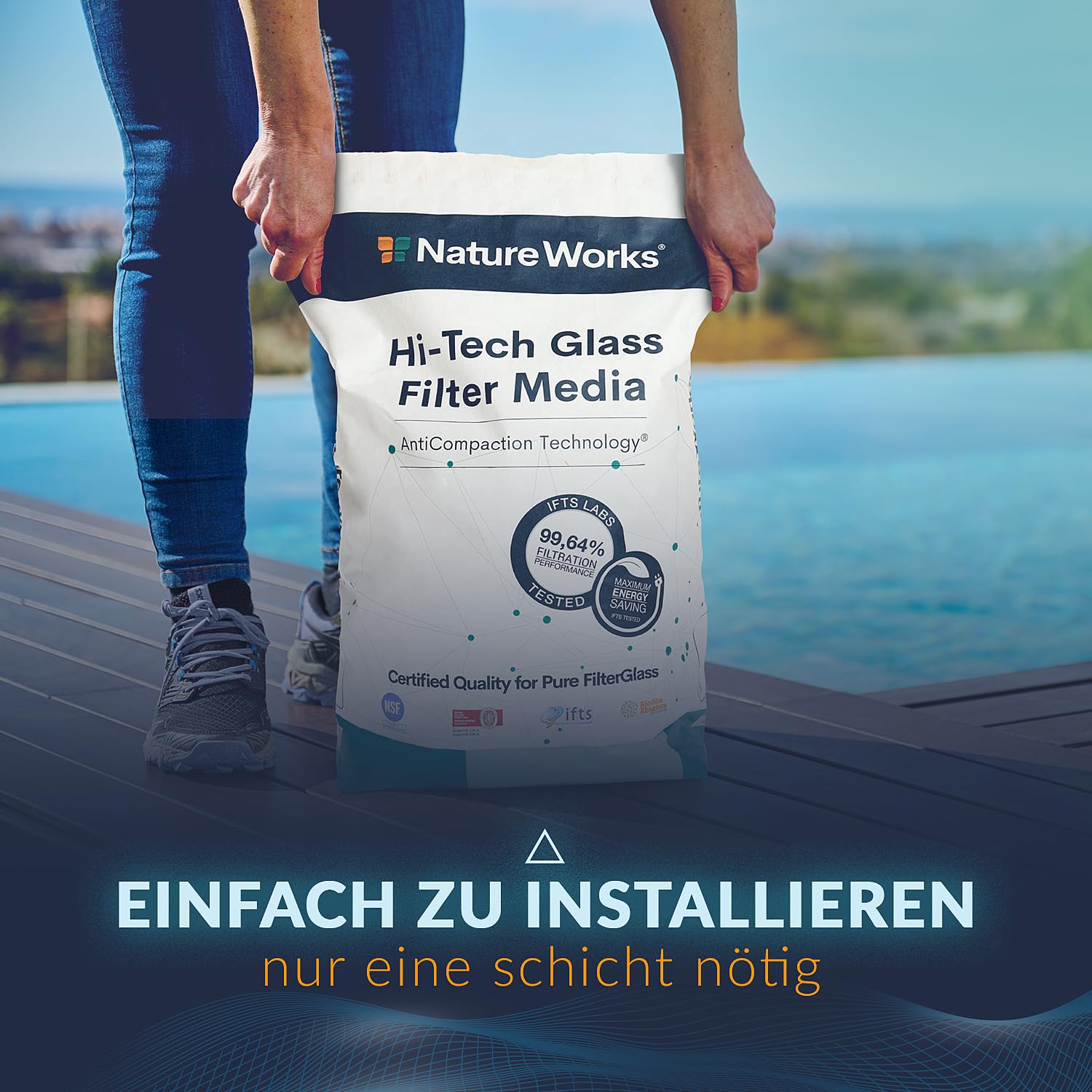 NATURE WORKS Glas-Filtersand für Schwimmbad mit 99,64% Filterleistung, reduziert Wasser- und Energieverbrauch, Gefertigt aus Reinem Technischen Glas für Maximale Hygiene - Beutel 10 kg