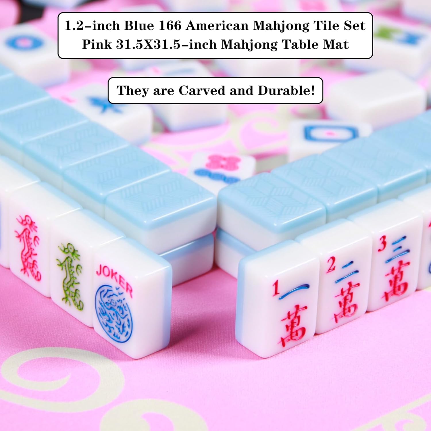 American Mahjong Set 166 Mahjong Tile Set 1.2-inch Blue American Mahjong Tile Set with 31.5X31.5-inch Mahjong Table Mat