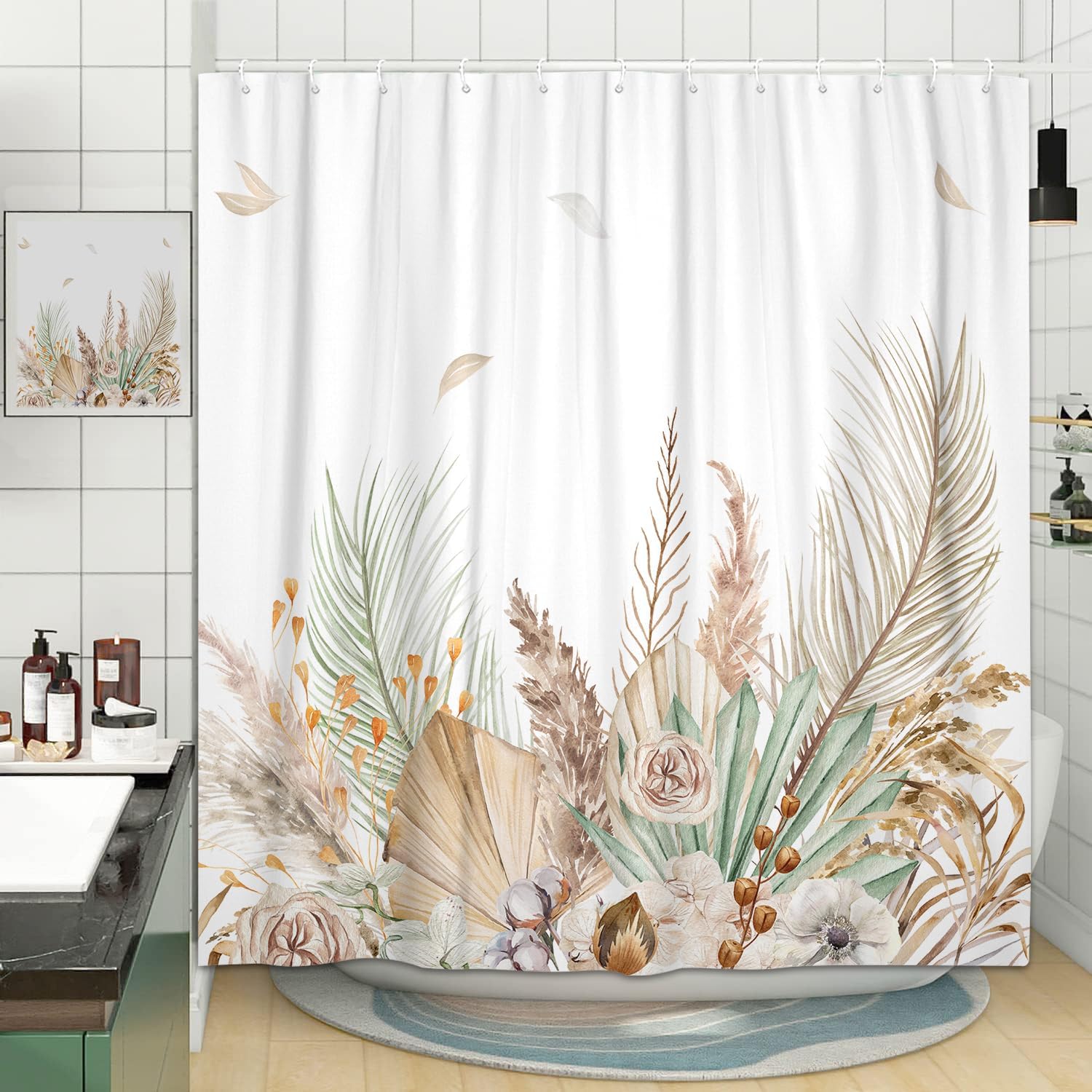 JAWO Boho Green Leaves Shower Curtain, Bright Tan Palm Leaf Floral with White Background Shower Curtains for Bathroom, Beige Plant Shower Curtain Restroom Bathtub Decor Accessories with Hooks(72X75)