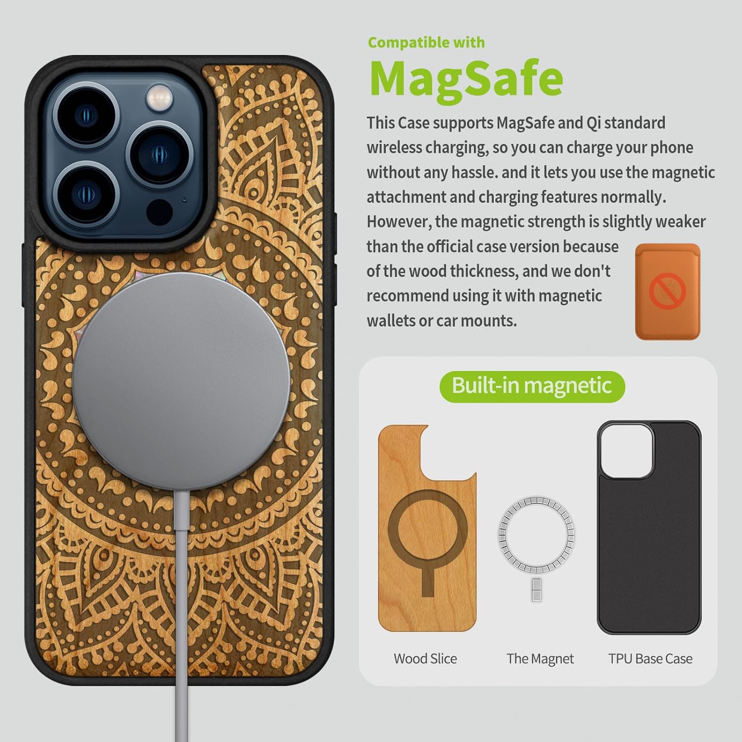 Carveit Wooden Case for iPhone 15 Pro Magnetic Case, Compatible with MagSafe Wireless Chargers, Shockproof Cover, Handmade Shell Inlaid & Wood Artisan Engraved (Mandala Pattern) Cherry