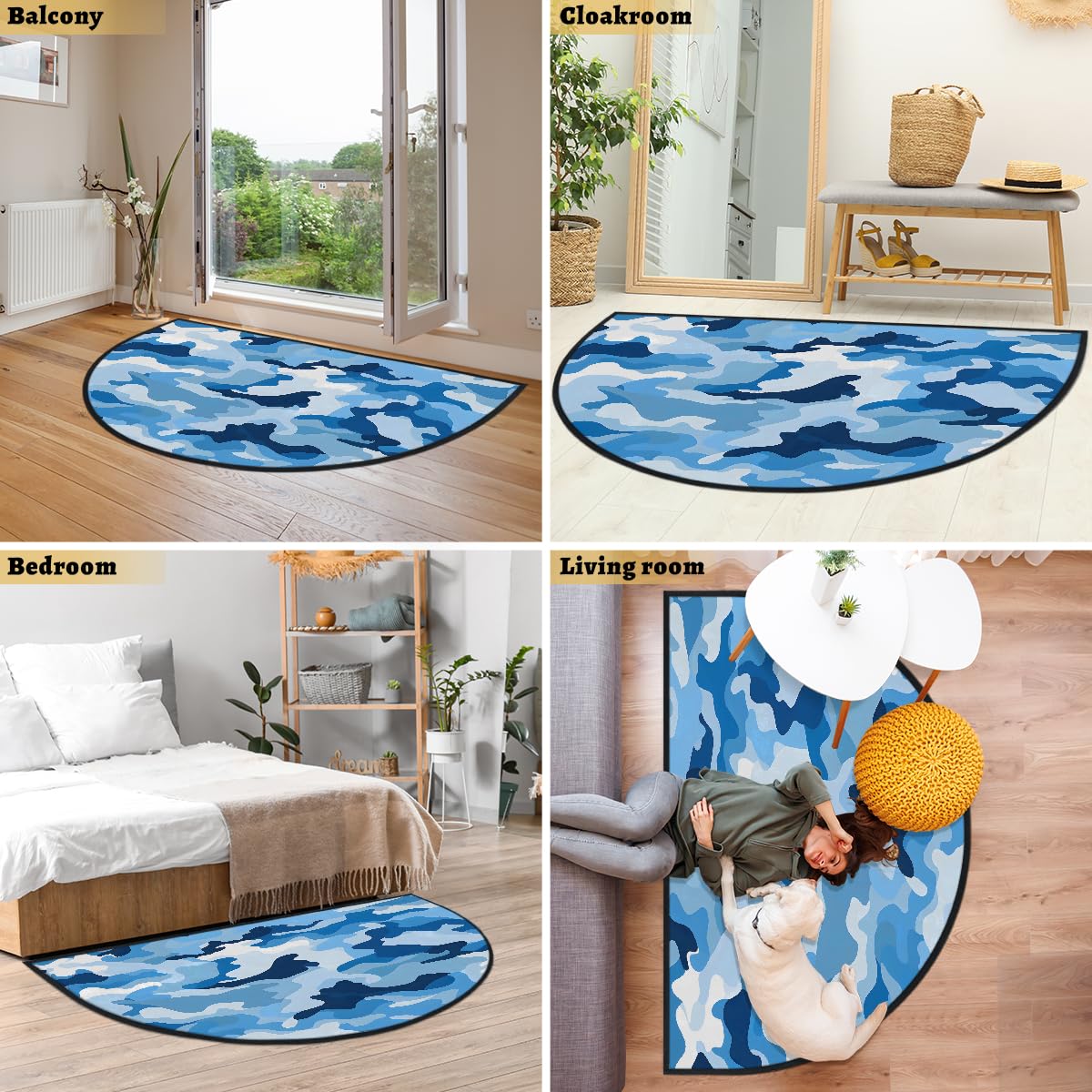 Mexpekil Paillasson demi-lune bleu clair camouflage pour intérieur et extérieur - Demi cercle - Absorbant - Demi cercle - Attrape la saleté - 100 x 160 cm