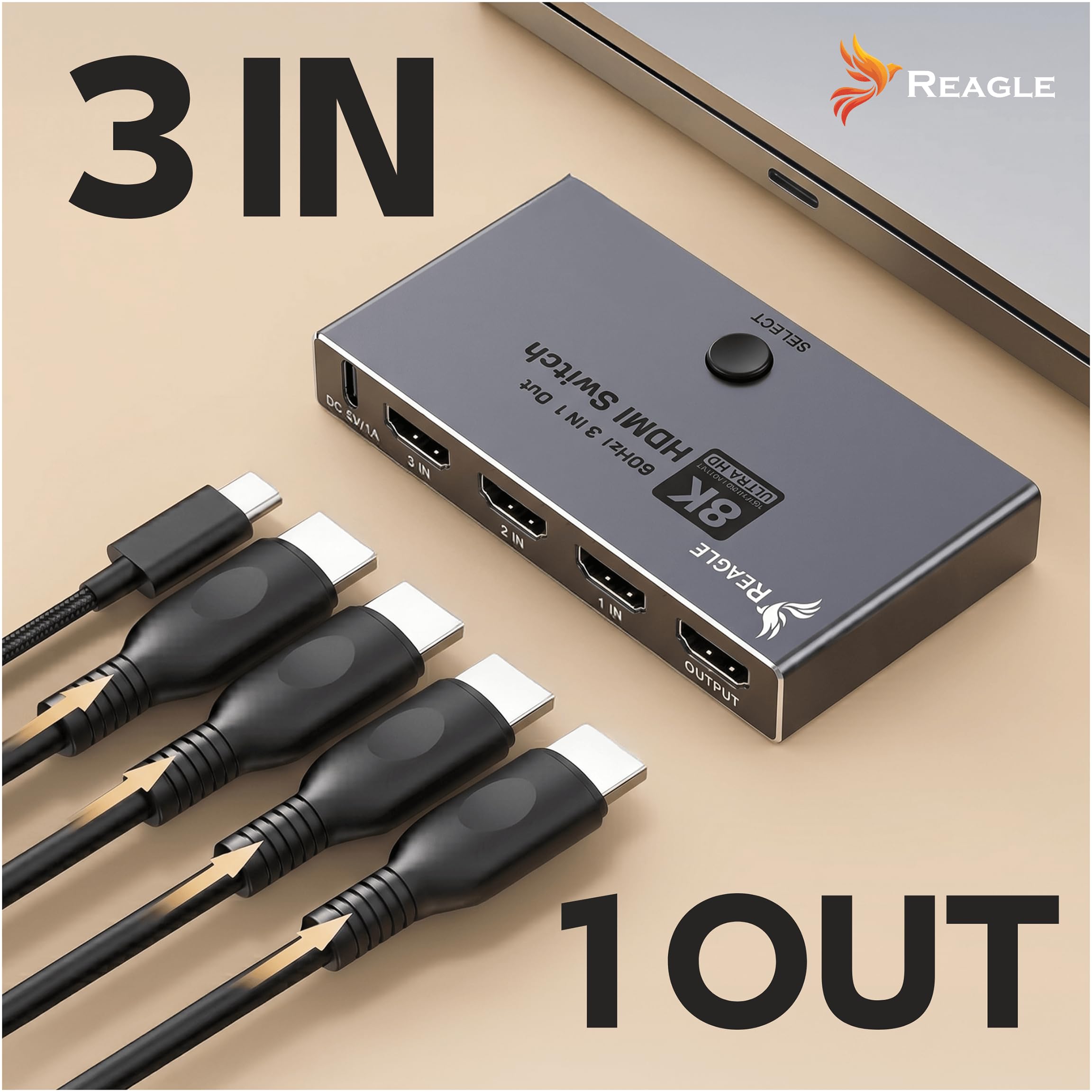 Reagle Switch HDMI 2.1 3 Entradas 1 Salida 8K 60Hz 4K 144Hz, Conmutador HDMI 48Gbps con Mando, HDR10, Dolby Vision, para PS3 PS4 PS5 Xbox 360 One Series X S