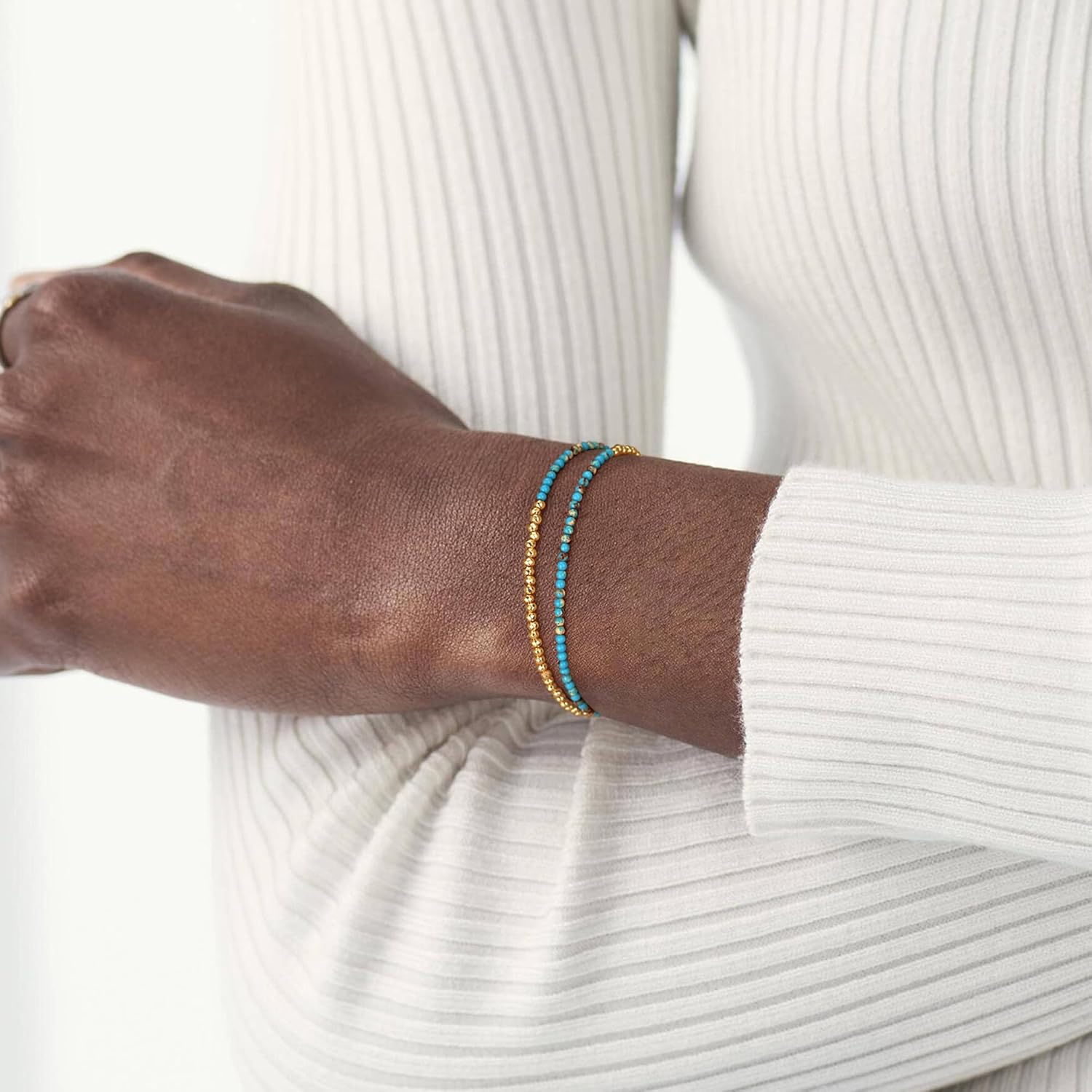 MEVECCO Bead Bracelet for Women Layered Stone Mixed Bracelets 18K Gold Plated Handmade Custom Beaded Charm Chain Bracelet Stack Jewelry Gifts - Image 2