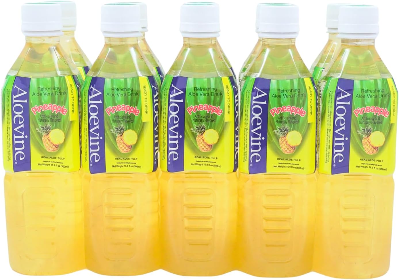 Aloevine Aloe Vera Drink Pineapple healthy juice pure with chunks of aloe l 16.9 oz. 10 pack l plant based Vegetable Korean drinks