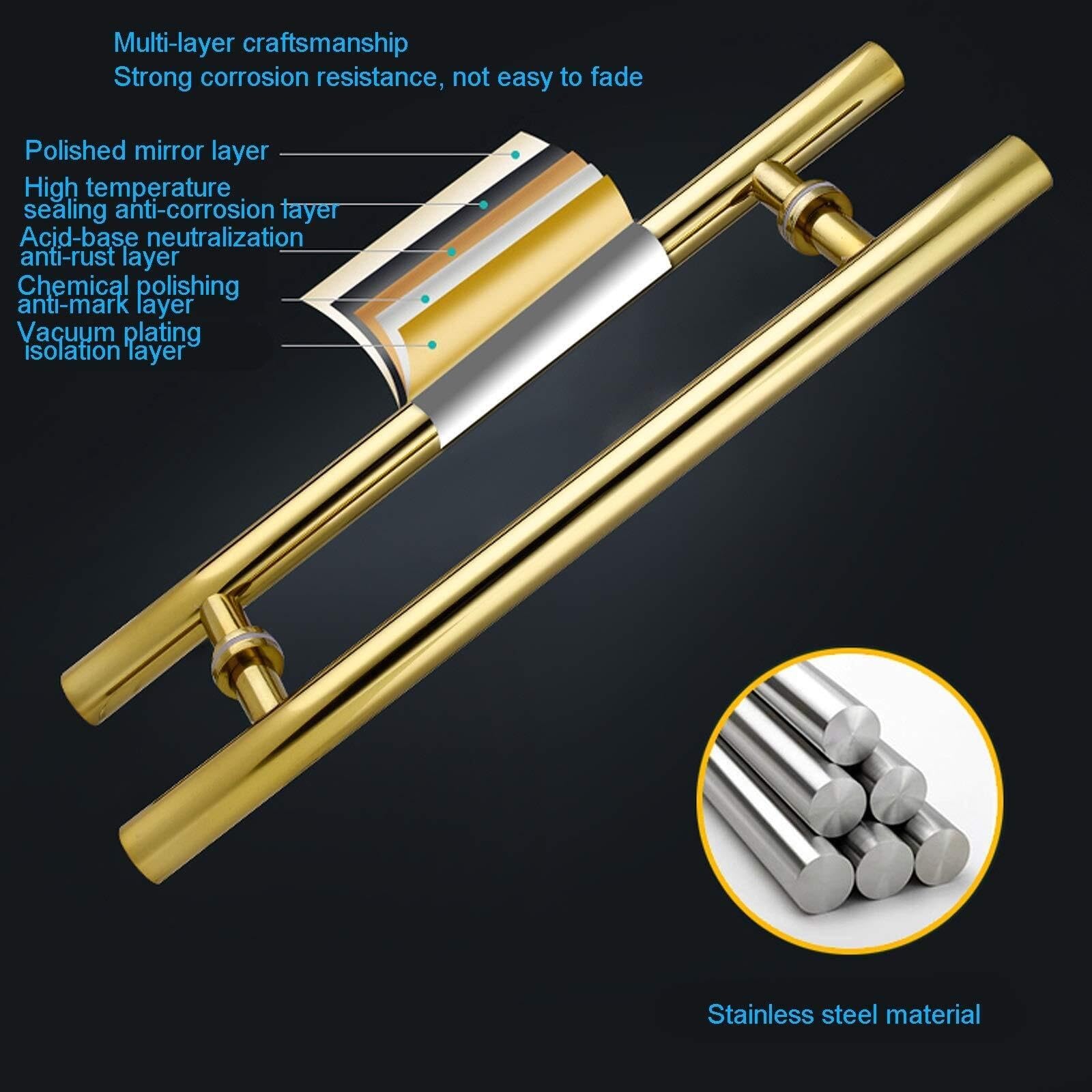 Tirador de puerta de acero inoxidable pesado, puerta de madera dorada, puerta de cristal, manija de puerta corredera para el hogar, tienda, garaje, oficina, diámetro del tubo: 36 mm, 5 tamaños (500 x