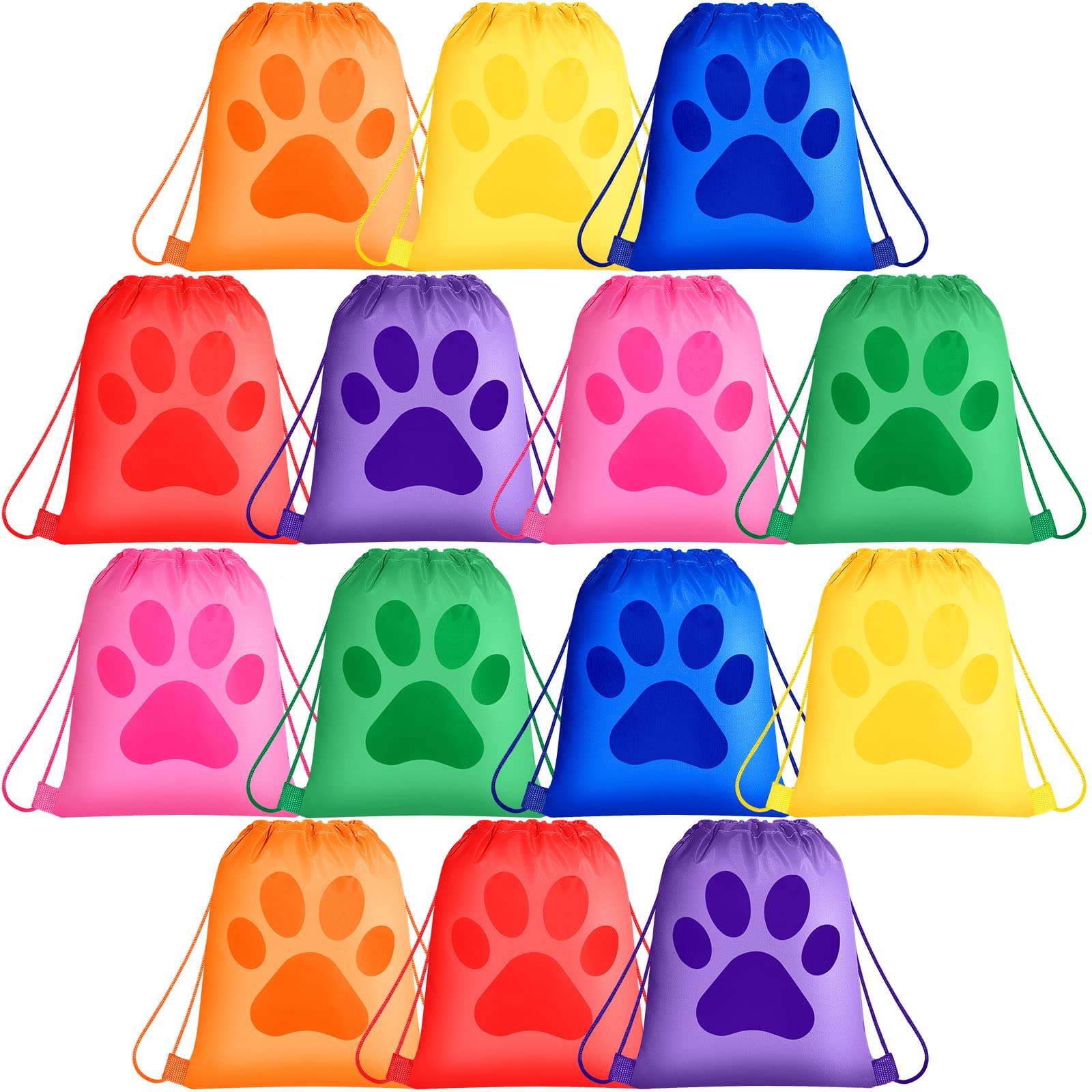 Yerliker 14 Pieces Paw Print Drawstring Bags Cute Paw Print Bags Bulk Reusable Dog Themed Party Favor Backpack Set Puppy Themed Drawstring Goodie
