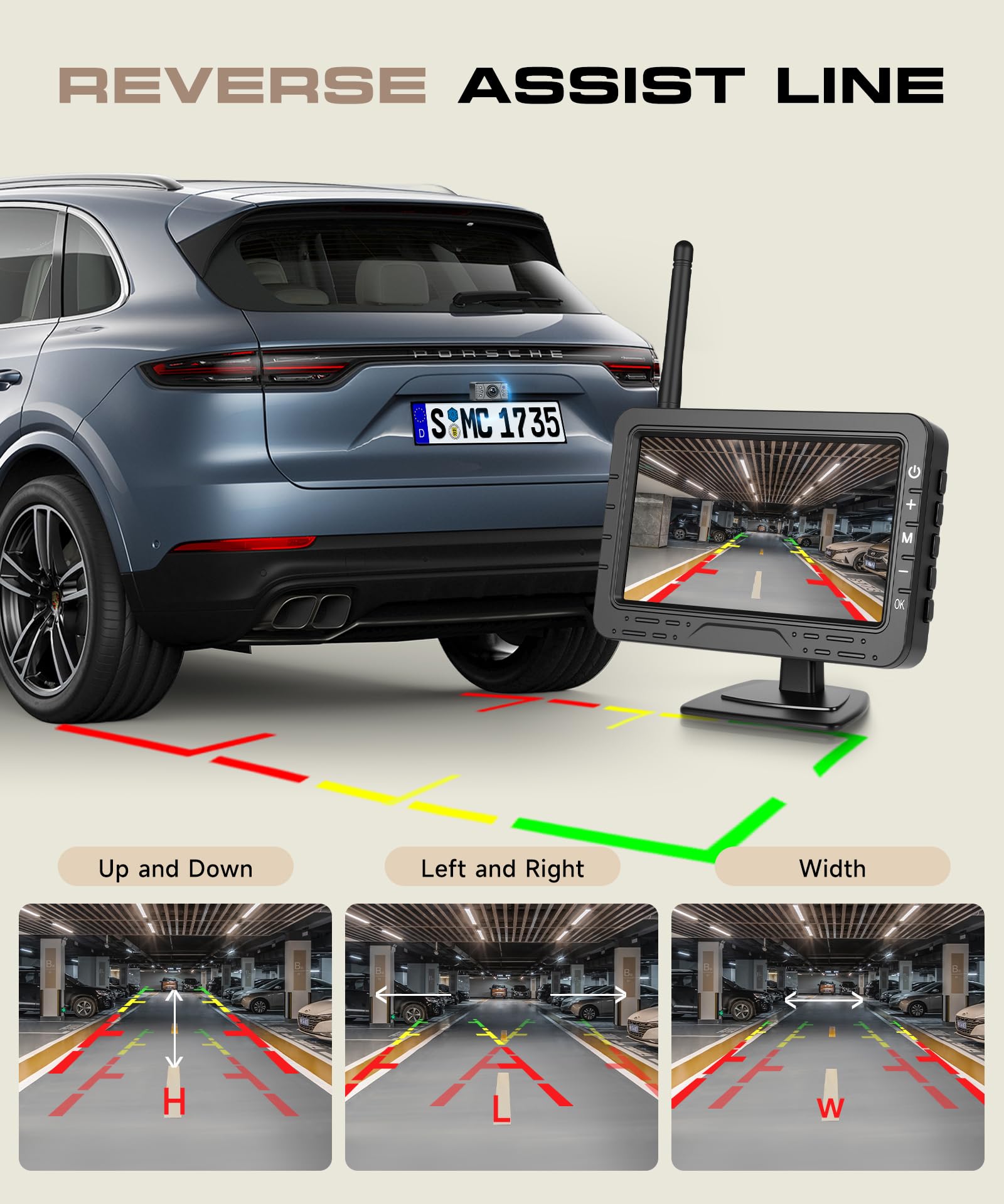 Rimoody Caméra de Recul sans Fil, Moniteur TN 4,3 Pouces, Étanche IP68/Vision Nocturne Grand Angle/Lignes de Guidage Réglables/Inversion Image pour Voiture Camion Fourgon Caravane