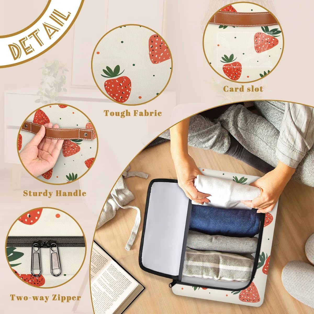 Cute Fruit Strawberry Collapsible Stackable Storage Bins with Lids Fabric Closet Organizer for Clothes, Toys, Blankets and Home Storage