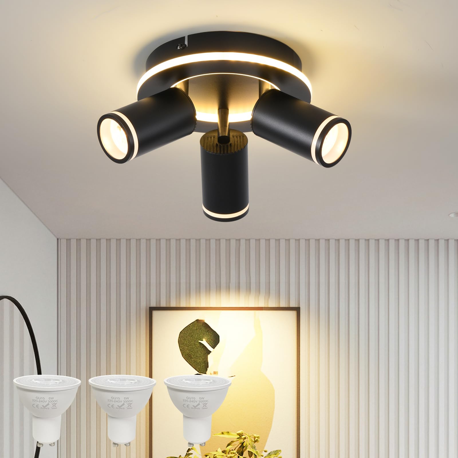 Faretto a soffitto a 3 fiamme LED,Faretto a soffitto rotondo con 15W+3x5W GU10 a incandescenza inferiore,3000K luce a soffitto bianco caldo,lampada a soffitto moderna, girevole a 360°, per camera da