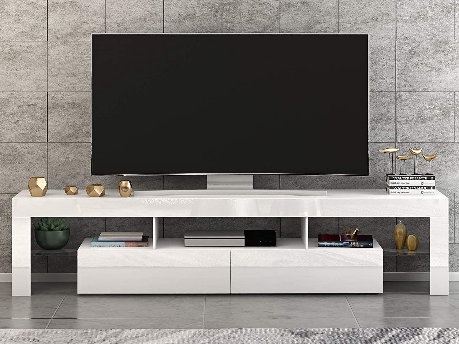 Hampton & Stewart Modern TV Unit Cabinet Stand Doors LED Black Furniture Living Room (White)