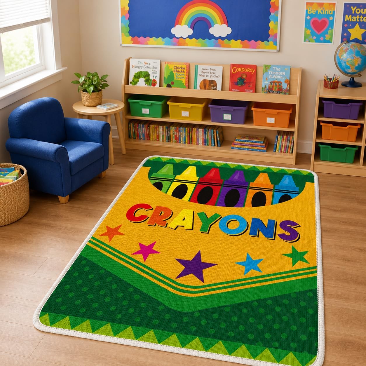 Cinrobiye Crayon Classroom Rug, 3 x 4 ft Non-Slip Area Rug for Back to School Classroom Decor, Colorful School Rug for Reading Corner, Homeschool & Learning Space Floor Mat