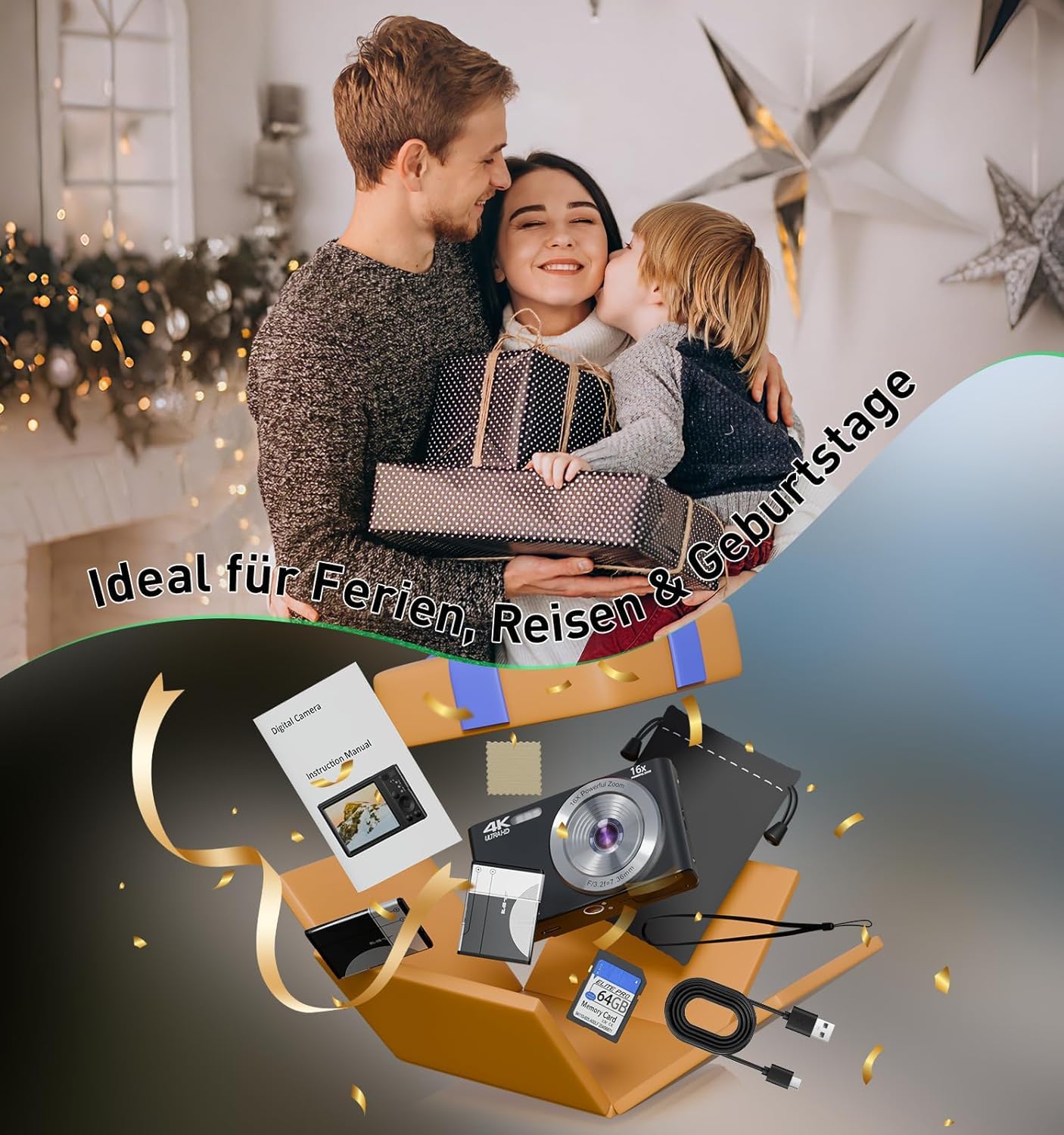 4K Digital Camera, 44MP FHD Compact Camera with Auto Focus, 16X Digital Zoom, 2.8 Inch LCD Screen, Portable Mini Camera with 64GB Card & 2 Batteries for Beginners Teens