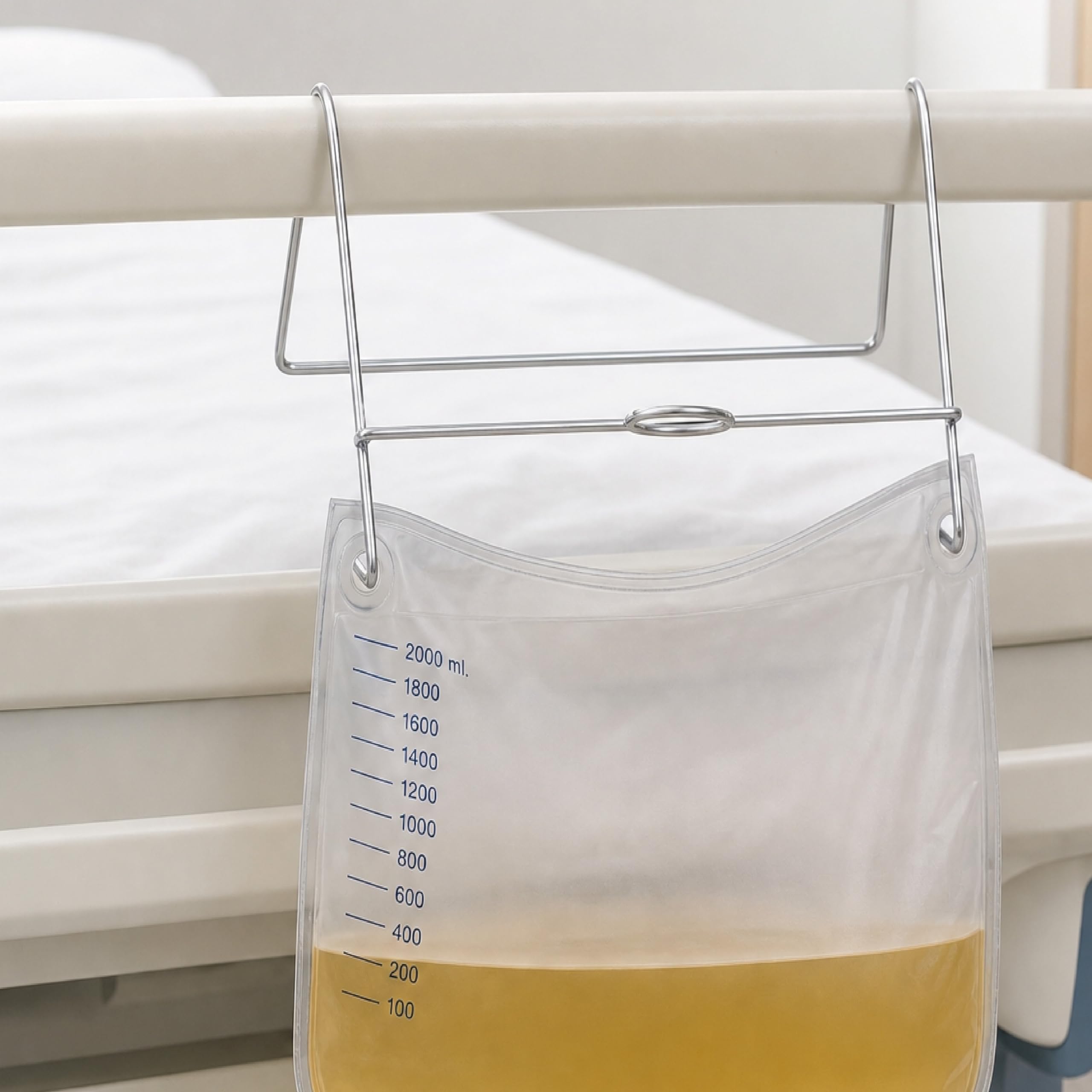 KMINA Colgador Bolsa de Orina (1 Unidad), Soporte Metálico de Cama, Gancho Zincado para Bolsa de Orina de 2 L, Colgador Resistente para Barra de Cama y Uso Diario