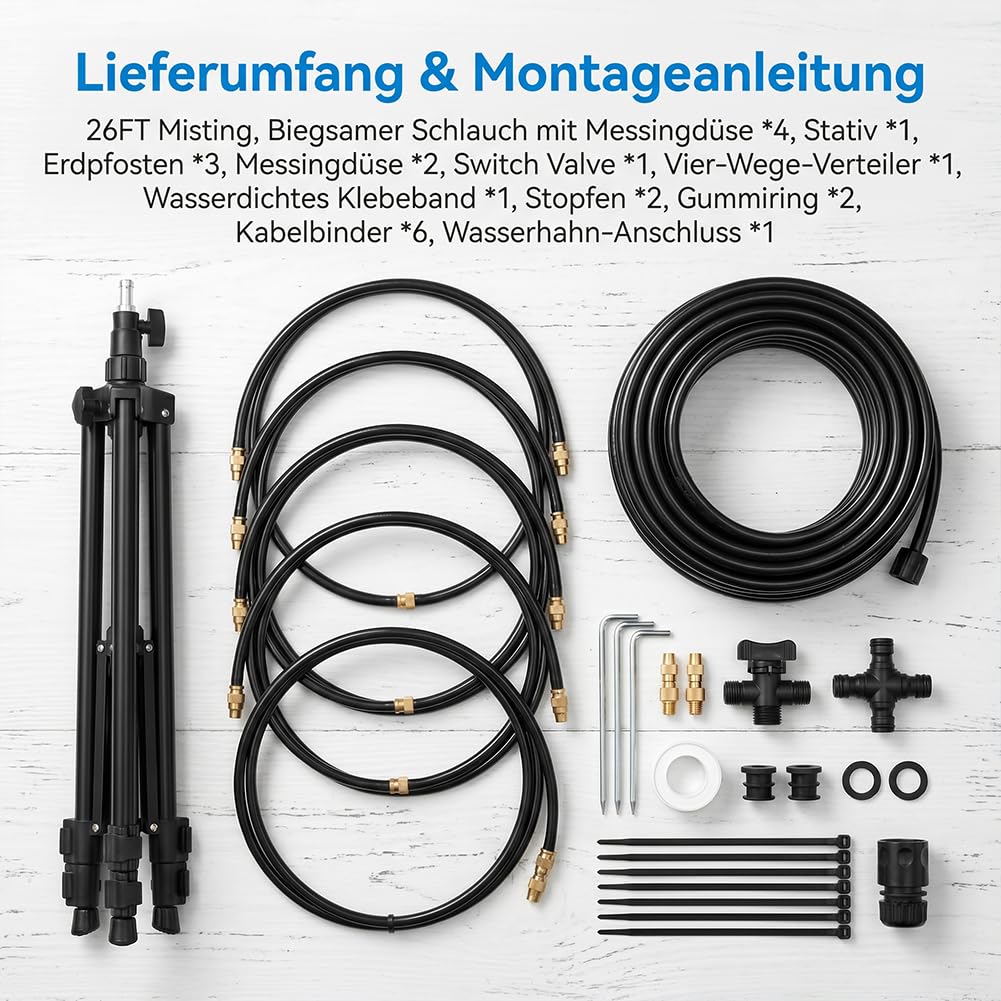 Wassernebel Kühlung Terrasse - Höhenverstellbarer Sprühnebel Terrasse mit 8m Schlauch & Messingnebeldüsen - Tragbarer Wasserzerstäuber für Garten, Balkon & Outdoor Abkühlung (1Pc)