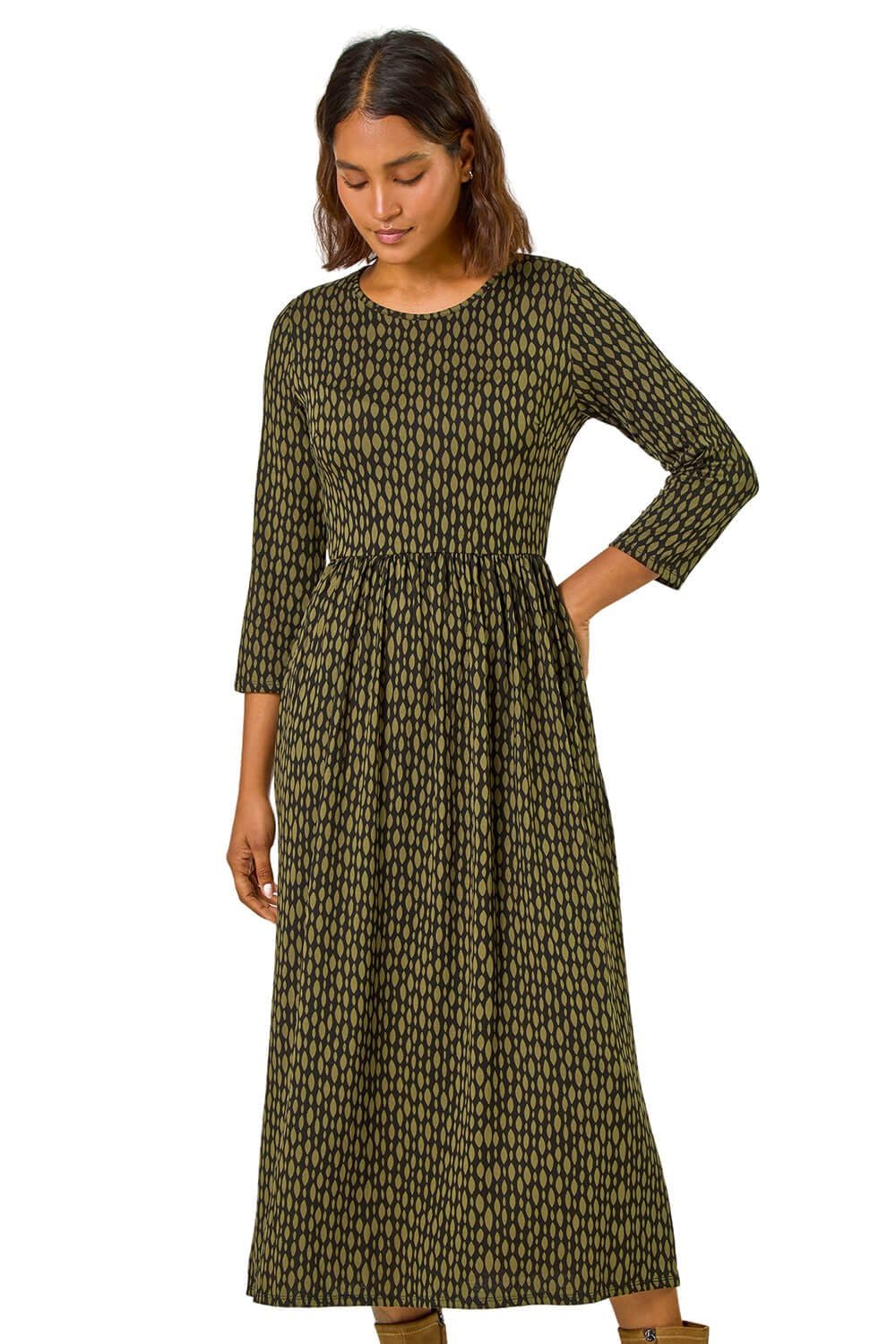 Roman Originals Women's Khaki Midi Dress With Pockets For Uk Stretchy Jersey Maxi Long 3/4 Length Sleeve Gathered High Waist Boho Flattering Skater Swing Fit Flare - Size 18